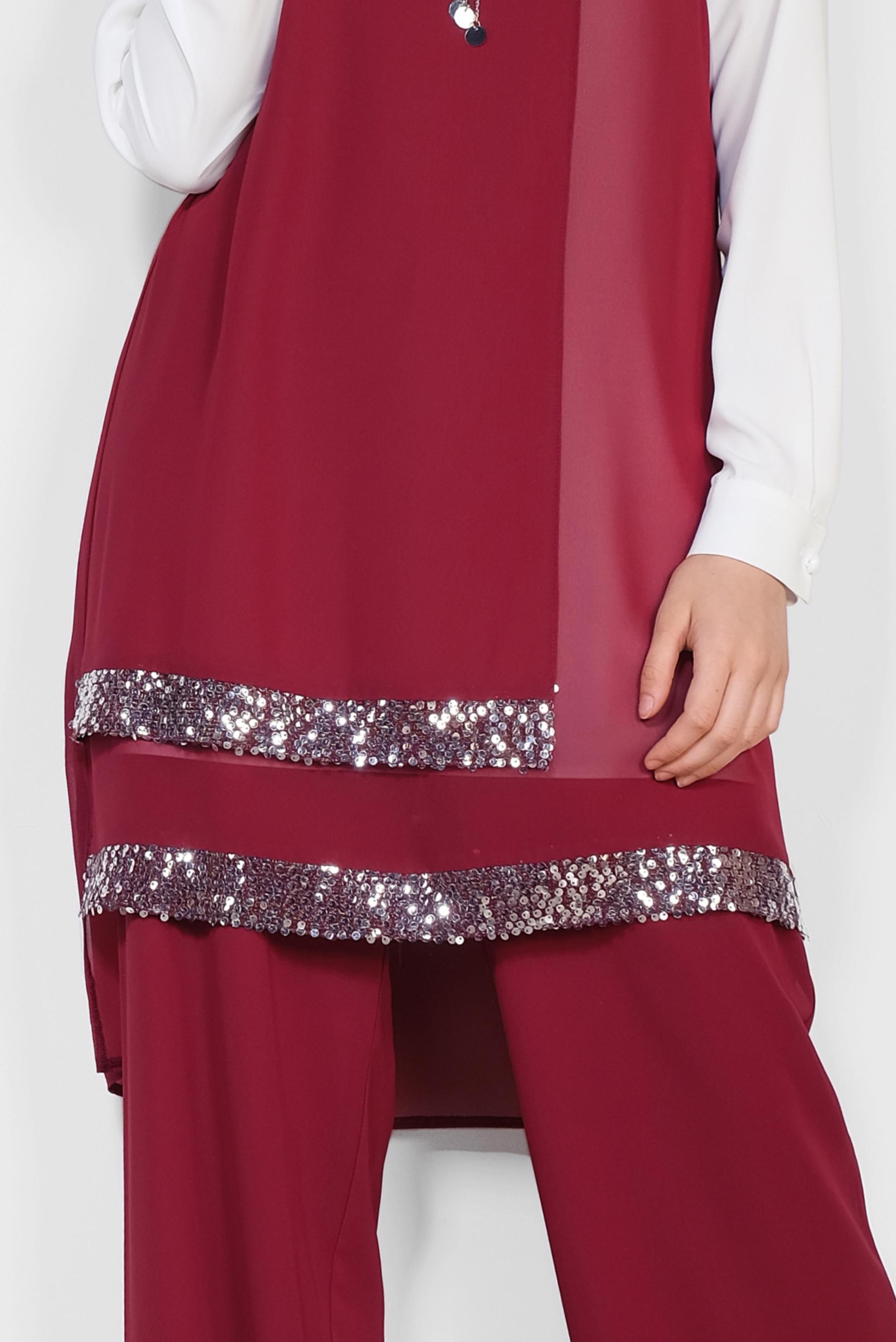 Tesettür giyim BORDO ETEK UCU TAŞLI KLASİK ÜÇLÜ PANTOLONLU TAKIM 3522