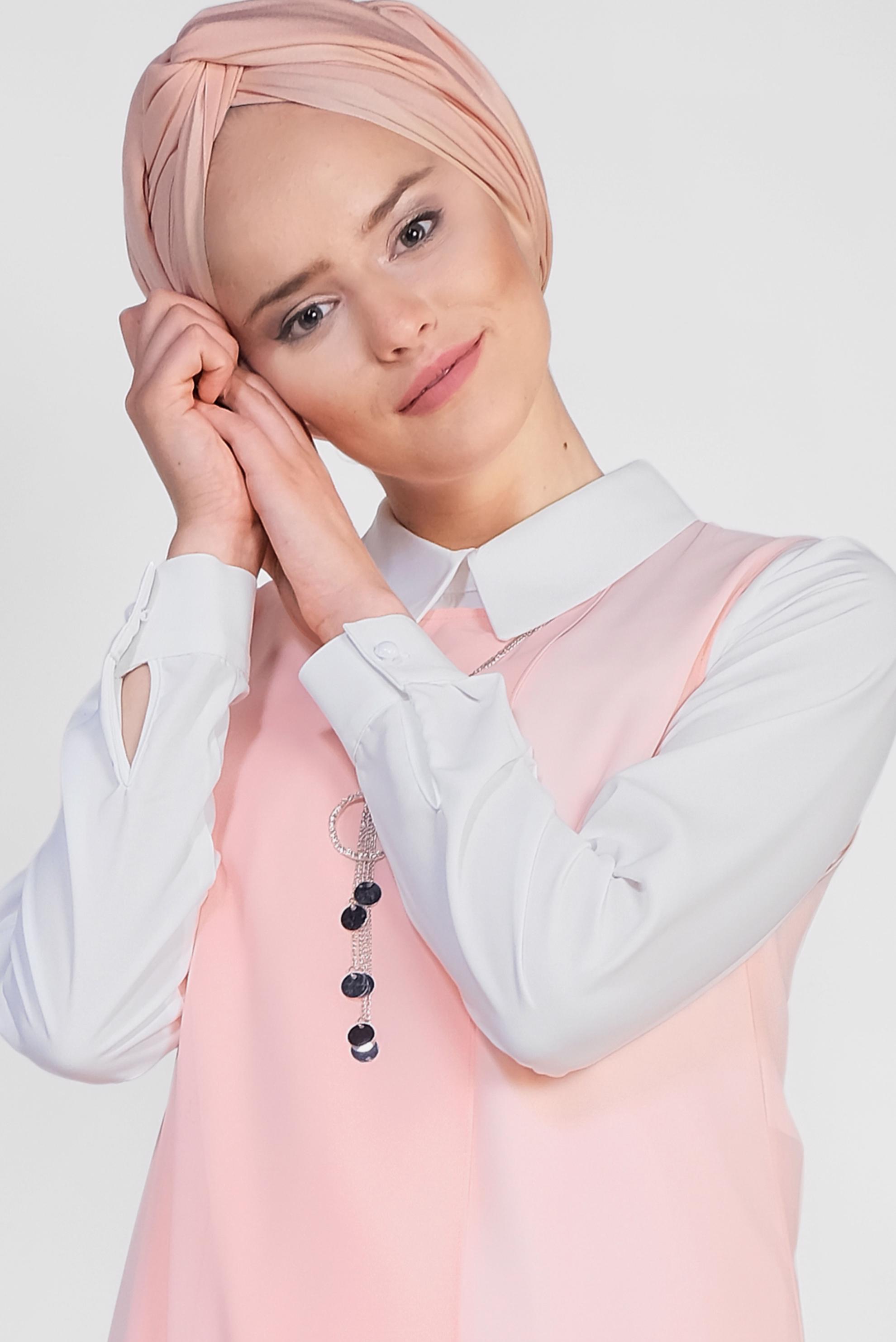 Tesettür giyim PUDRA ETEK UCU TAŞLI KLASİK ÜÇLÜ PANTOLONLU TAKIM 3522