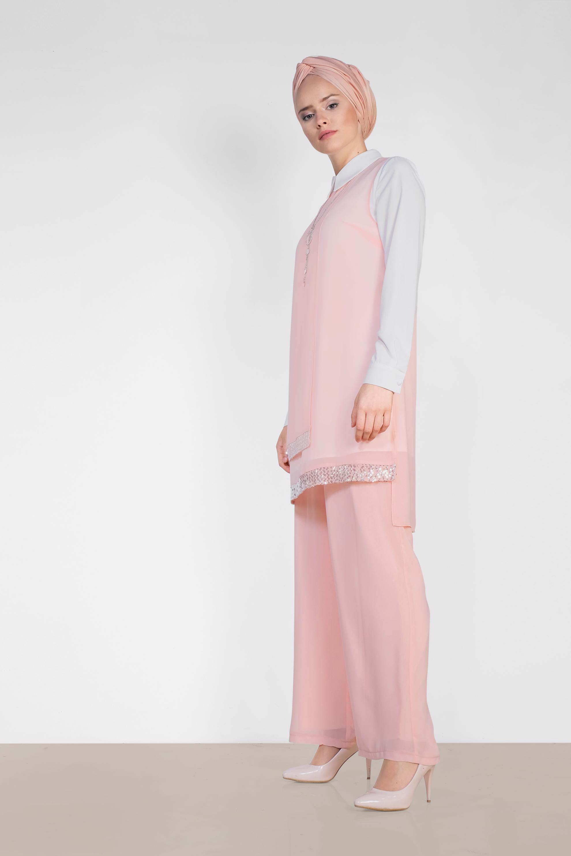 Tesettür giyim PUDRA ETEK UCU TAŞLI KLASİK ÜÇLÜ PANTOLONLU TAKIM 3522