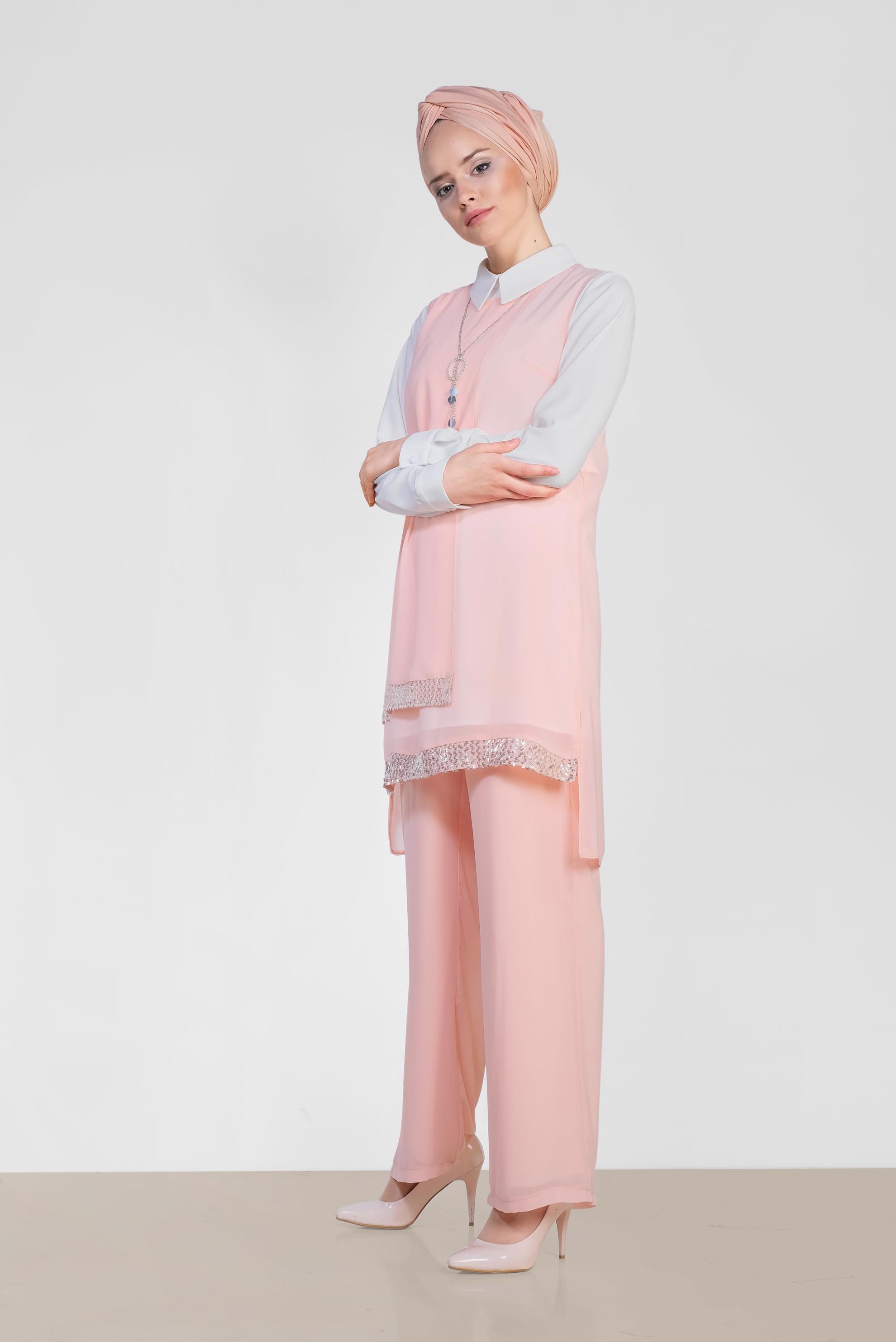 Tesettür giyim PUDRA ETEK UCU TAŞLI KLASİK ÜÇLÜ PANTOLONLU TAKIM 3522
