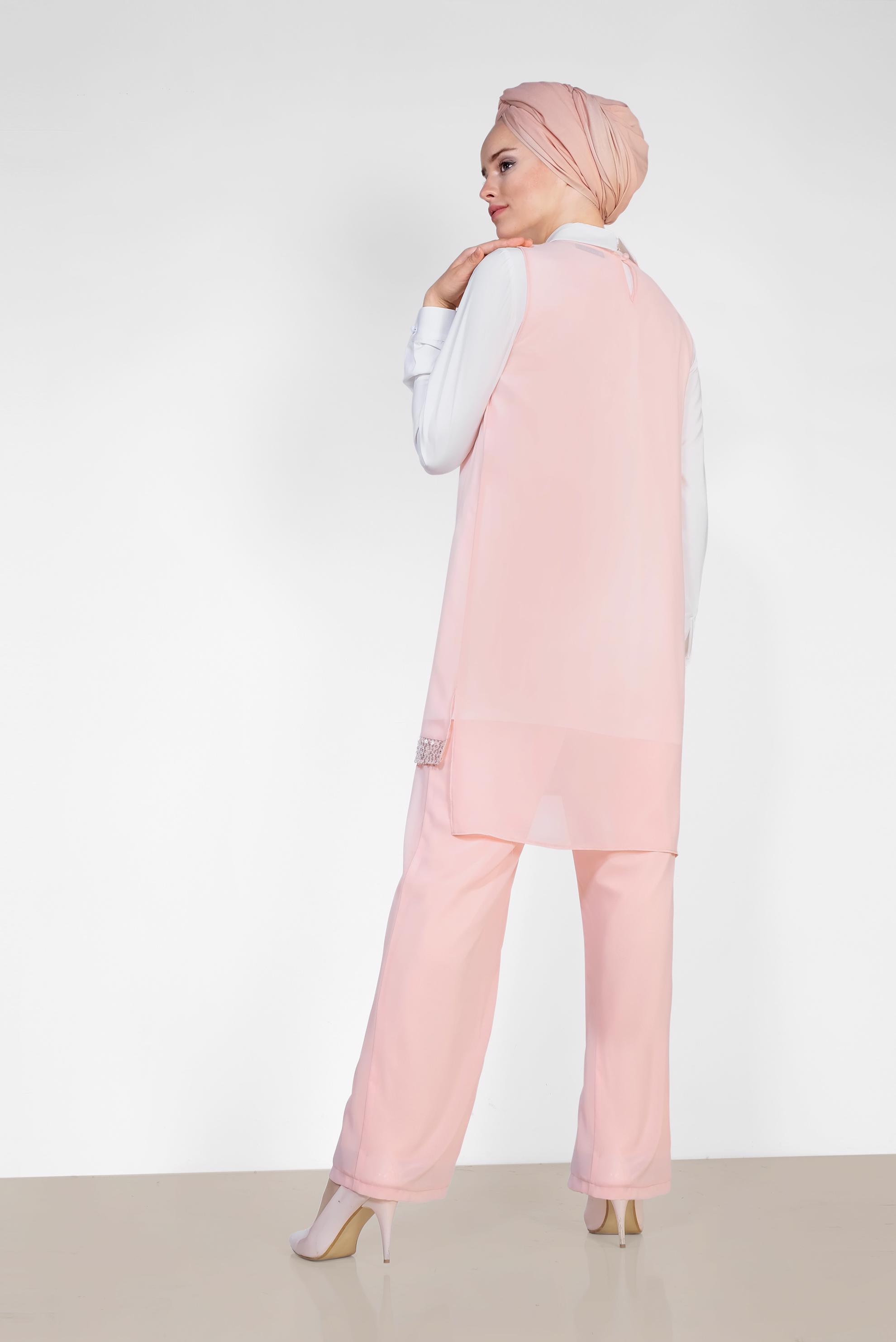Tesettür giyim PUDRA ETEK UCU TAŞLI KLASİK ÜÇLÜ PANTOLONLU TAKIM 3522