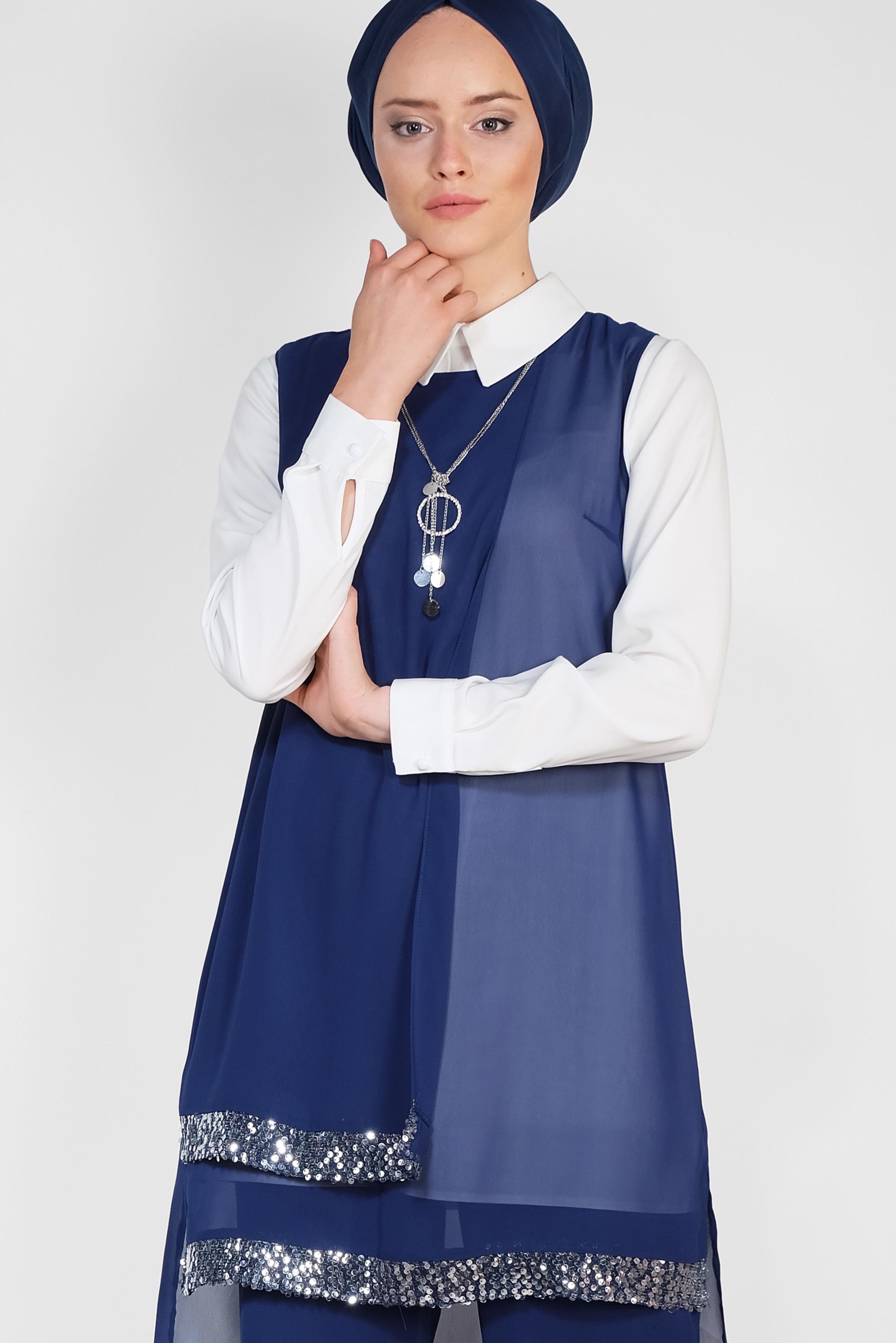 Tesettür giyim LACİVERT ETEK UCU TAŞLI KLASİK ÜÇLÜ PANTOLONLU TAKIM 3522