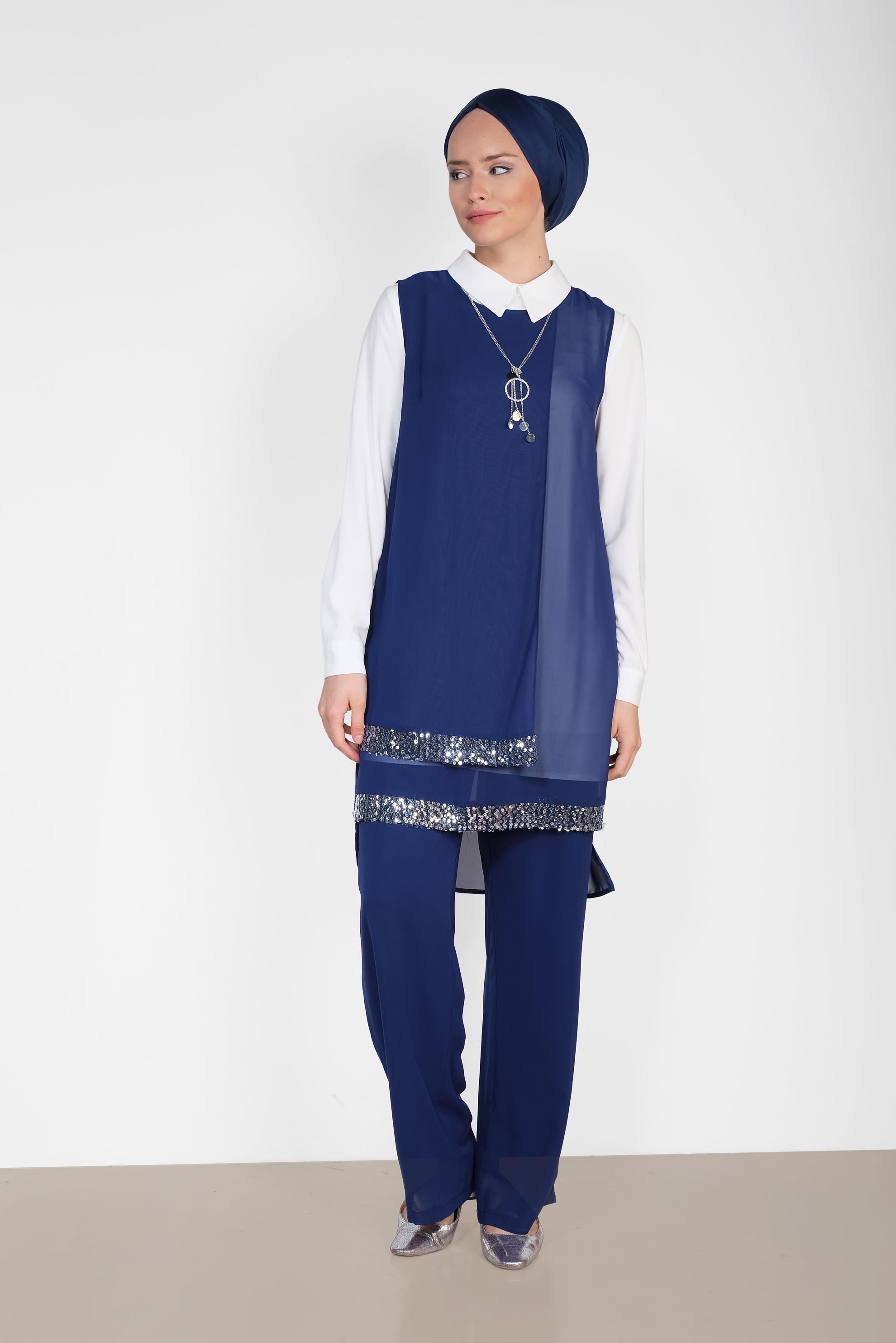 Tesettür giyim LACİVERT ETEK UCU TAŞLI KLASİK ÜÇLÜ PANTOLONLU TAKIM 3522