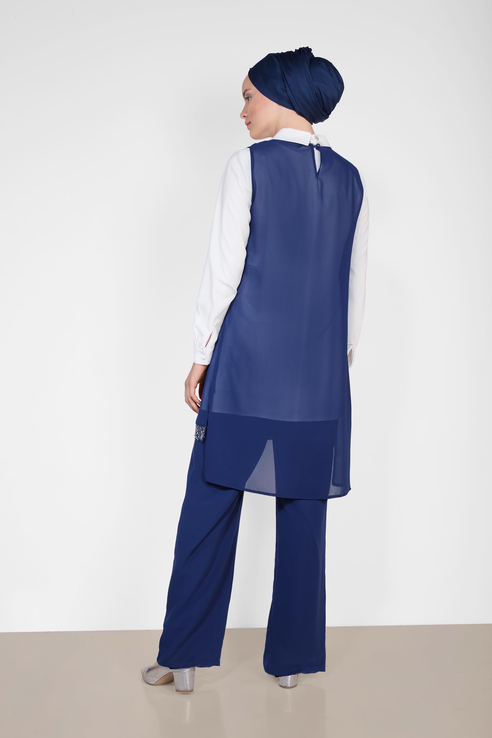Tesettür giyim LACİVERT ETEK UCU TAŞLI KLASİK ÜÇLÜ PANTOLONLU TAKIM 3522