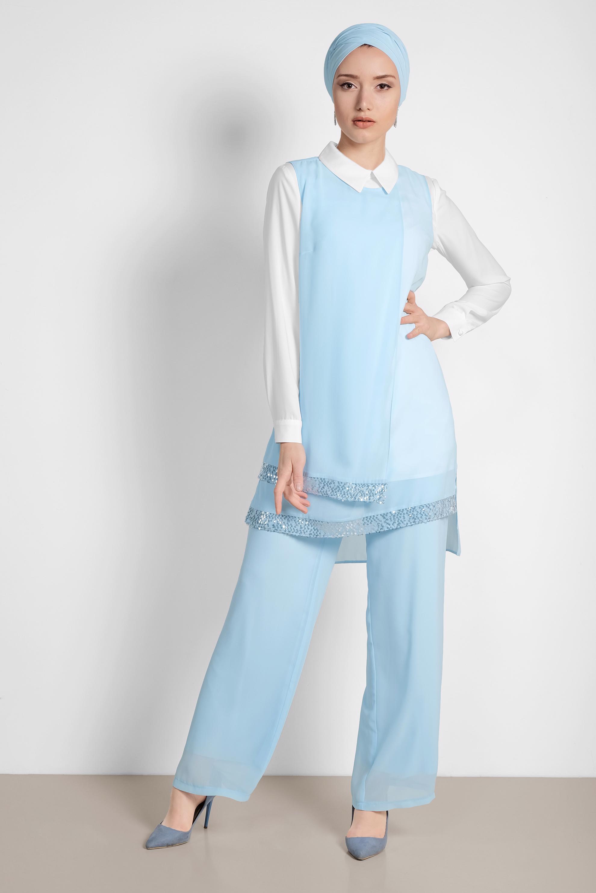 Tesettür giyim MAVİ ETEK UCU TAŞLI KLASİK ÜÇLÜ PANTOLONLU TAKIM 3522