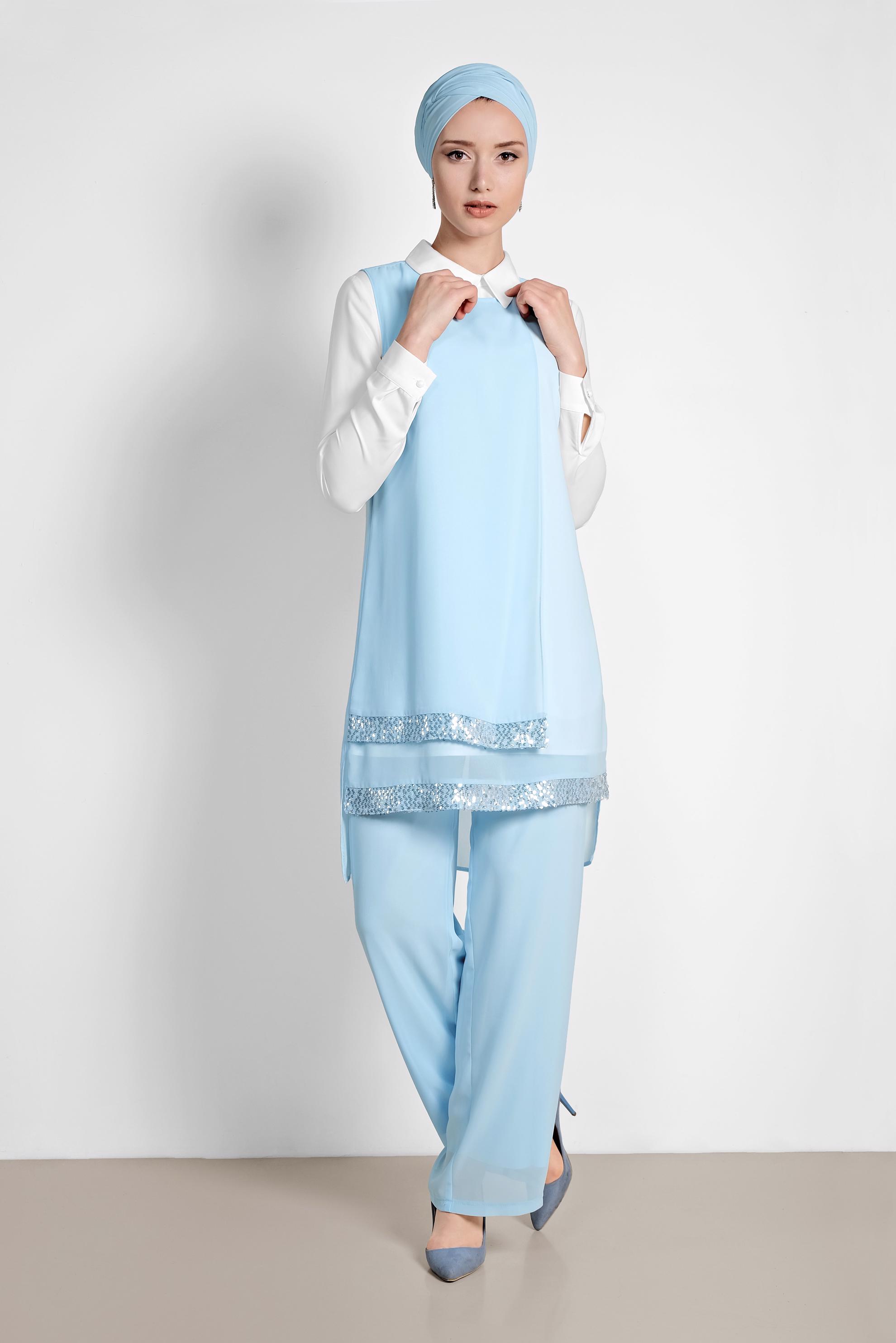Tesettür giyim MAVİ ETEK UCU TAŞLI KLASİK ÜÇLÜ PANTOLONLU TAKIM 3522