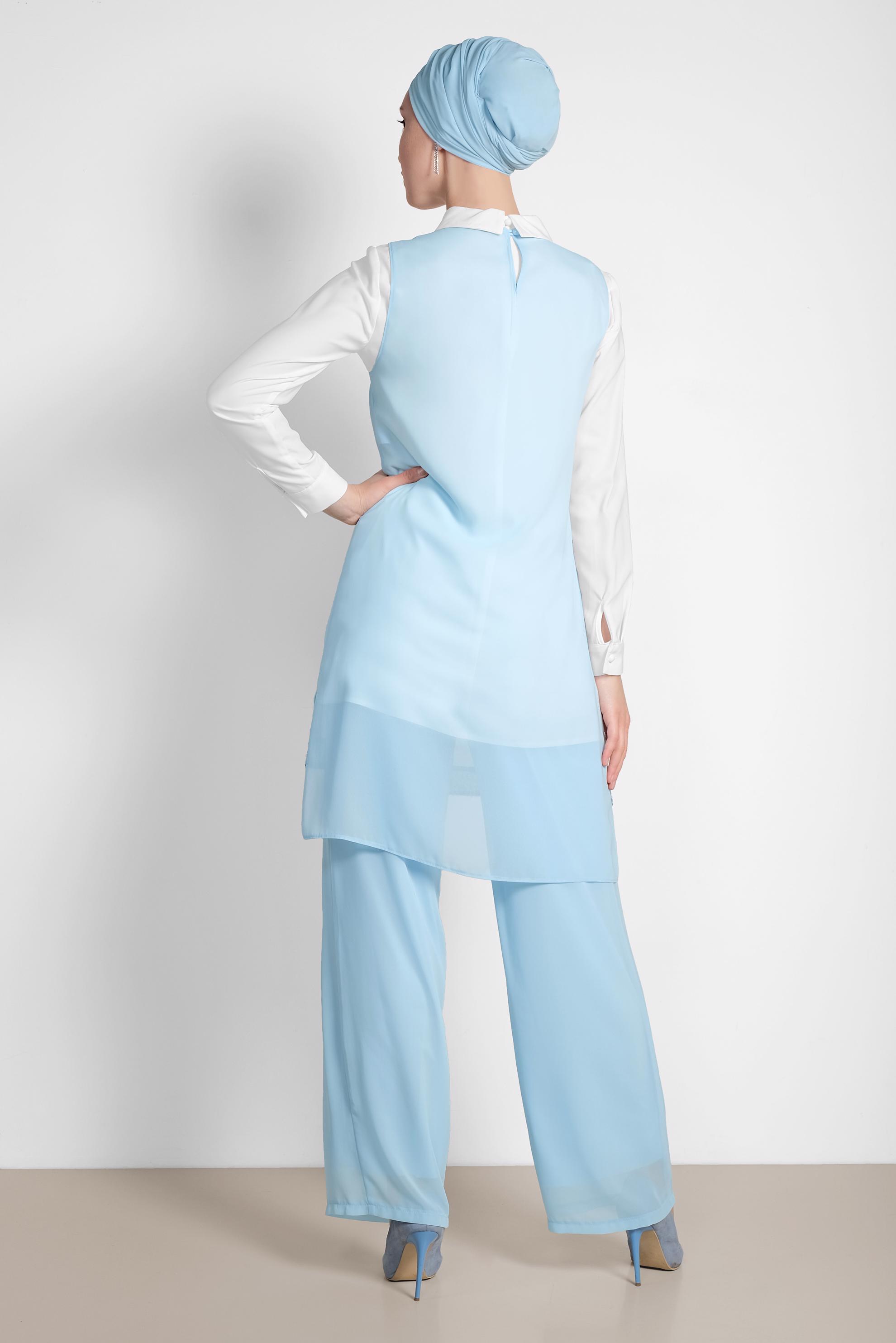 Tesettür giyim MAVİ ETEK UCU TAŞLI KLASİK ÜÇLÜ PANTOLONLU TAKIM 3522