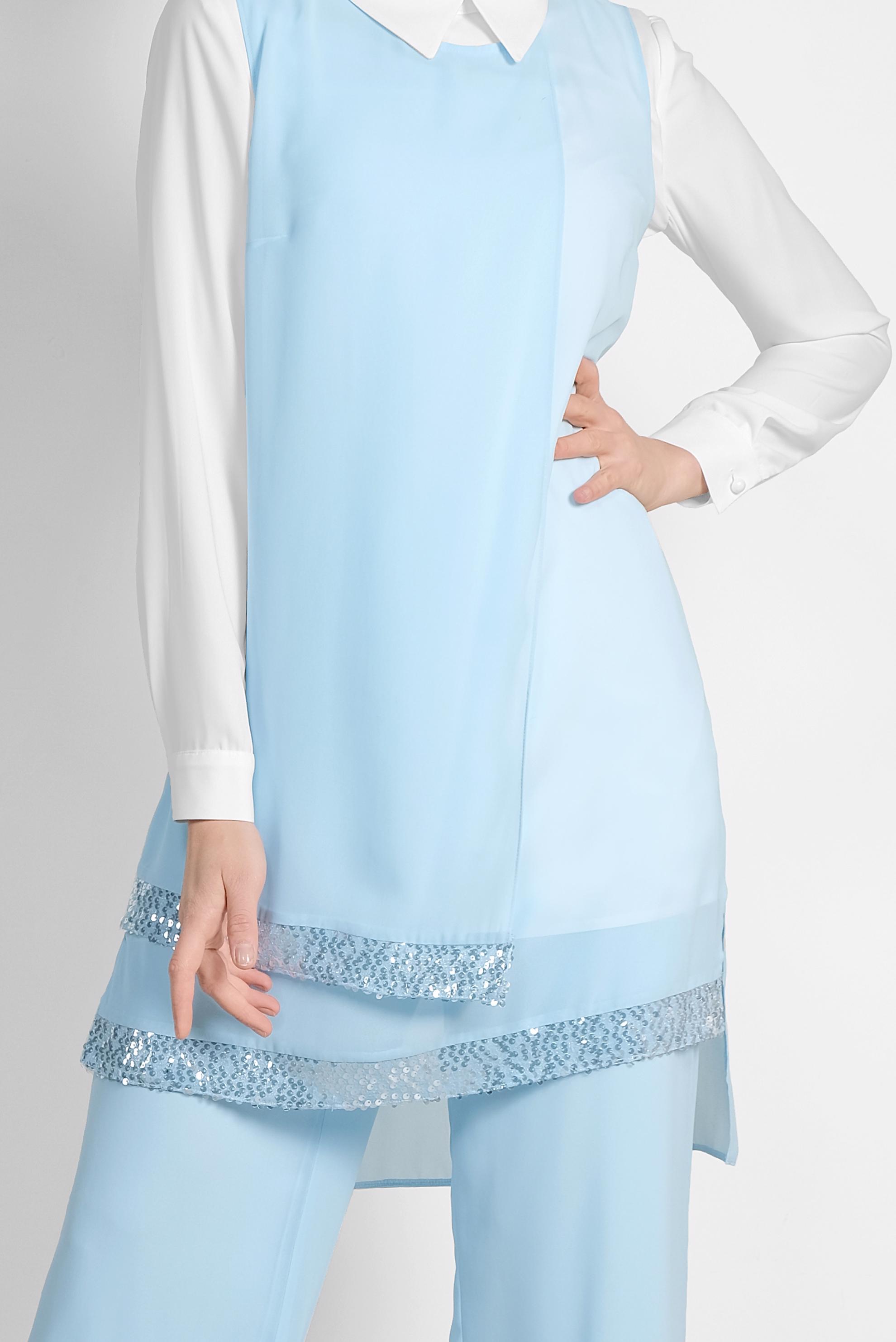 Tesettür giyim MAVİ ETEK UCU TAŞLI KLASİK ÜÇLÜ PANTOLONLU TAKIM 3522