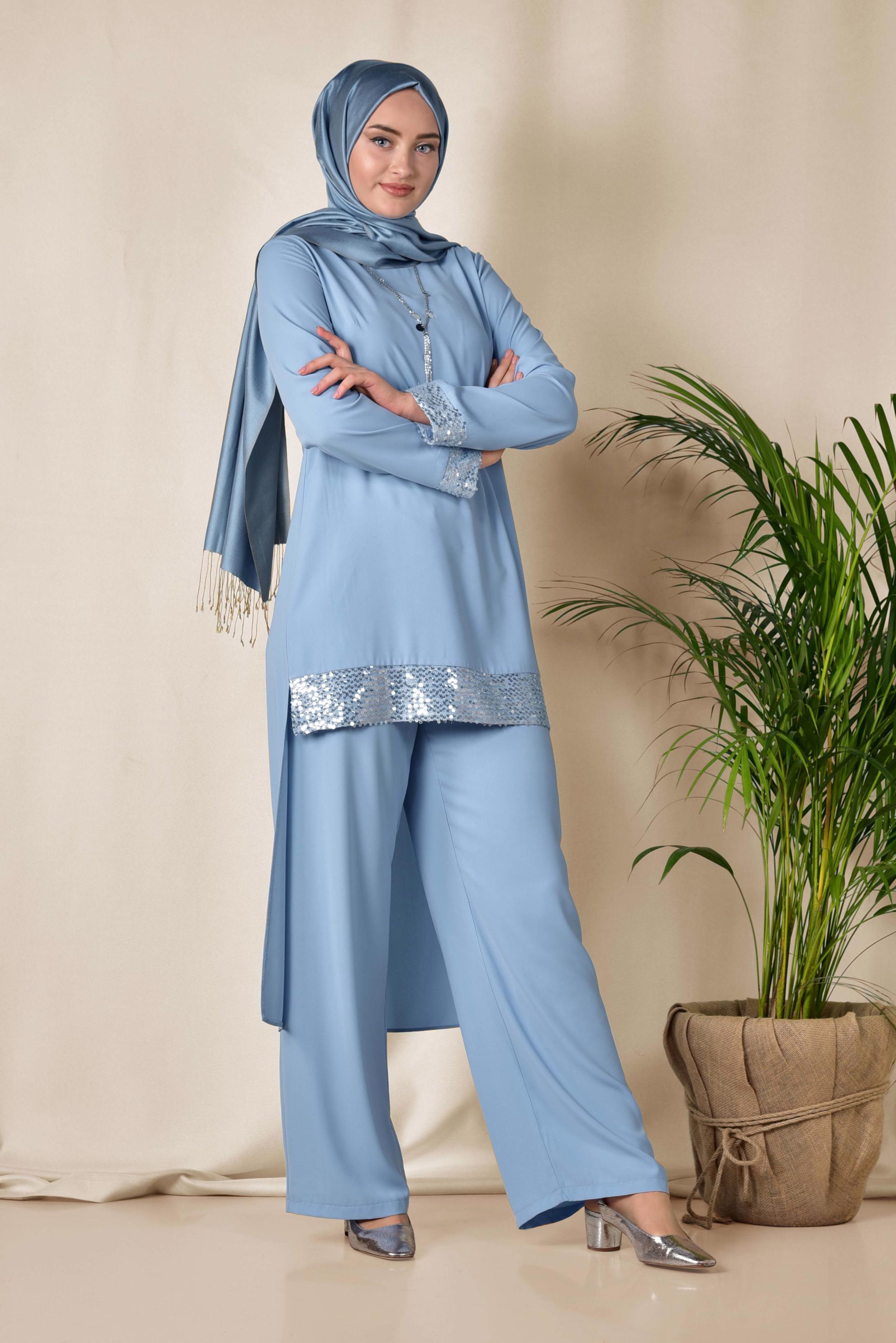 Tesettür giyim MAVİ İŞLEMELİ PANTOLON TUNİK TAKIM 3523