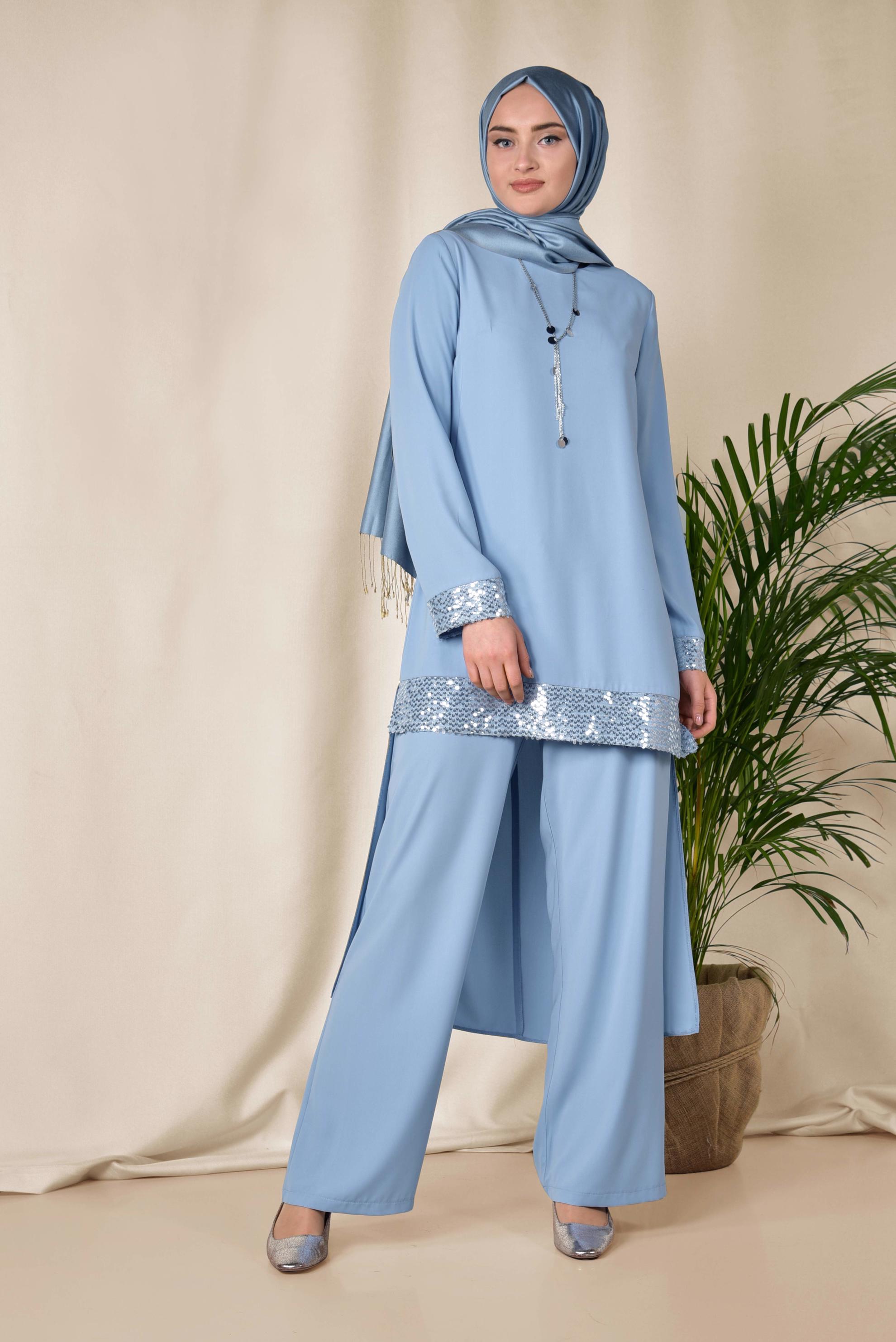Tesettür giyim MAVİ İŞLEMELİ PANTOLON TUNİK TAKIM 3523