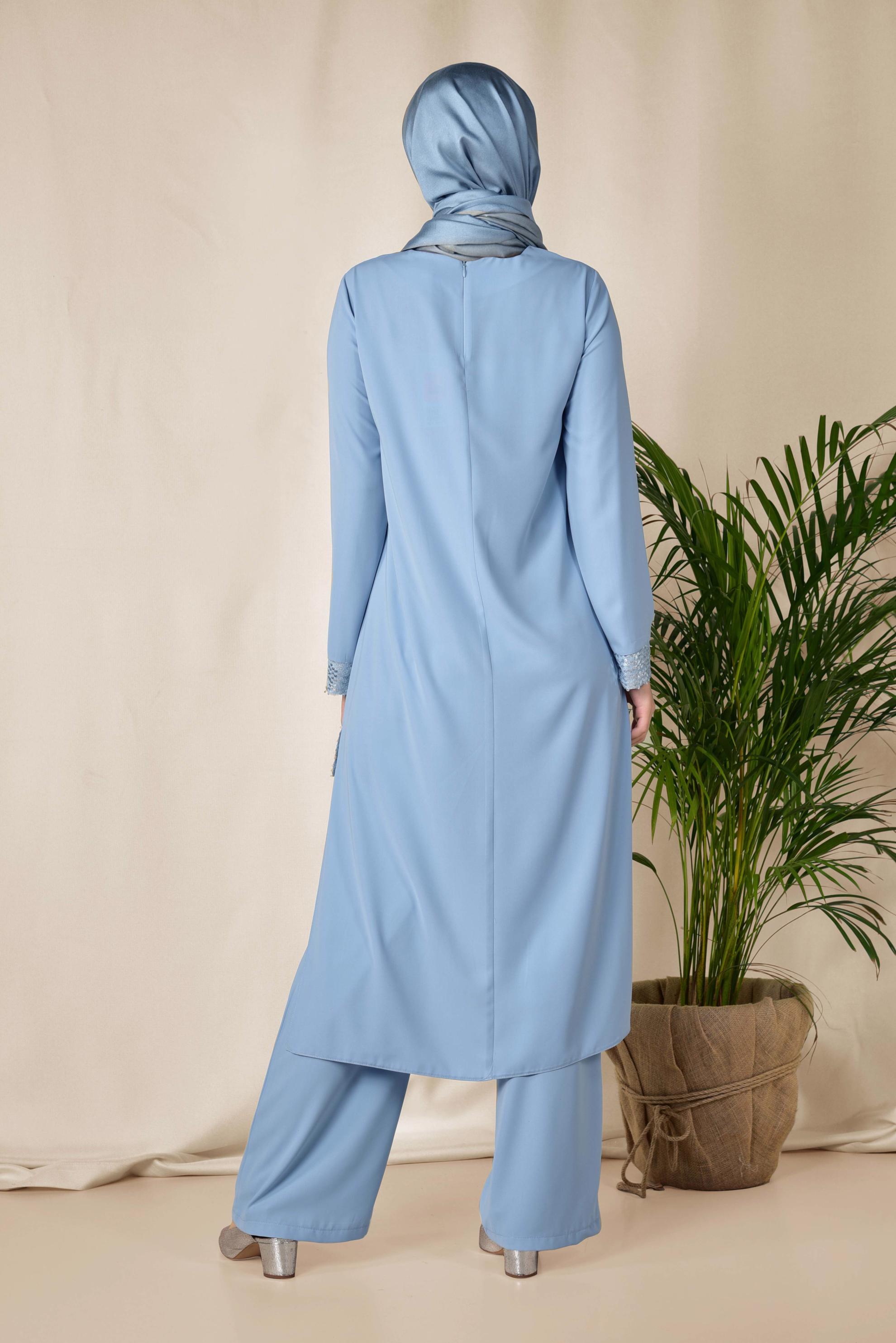 Tesettür giyim MAVİ İŞLEMELİ PANTOLON TUNİK TAKIM 3523