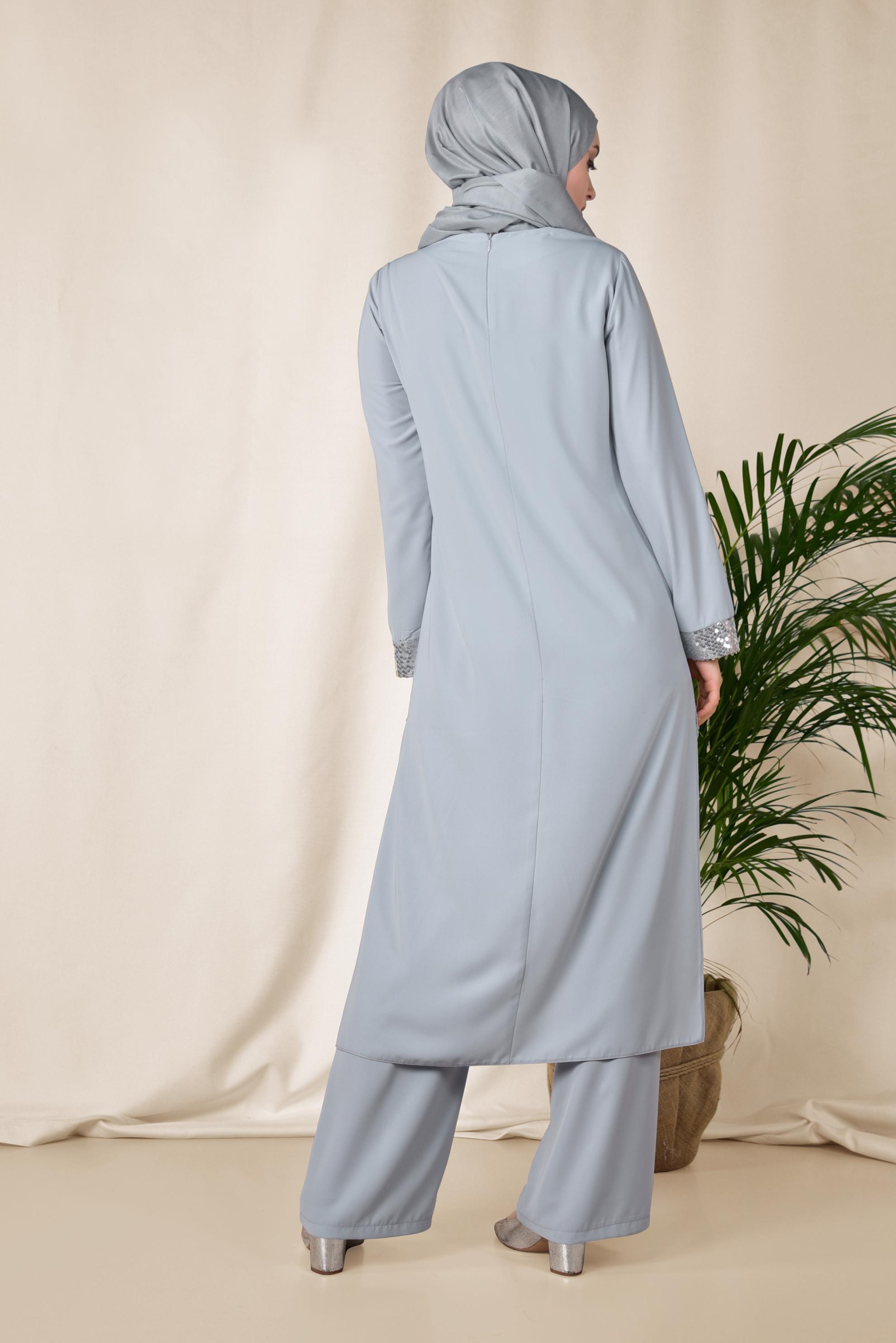 Tesettür giyim GRİ İŞLEMELİ PANTOLON TUNİK TAKIM 3523