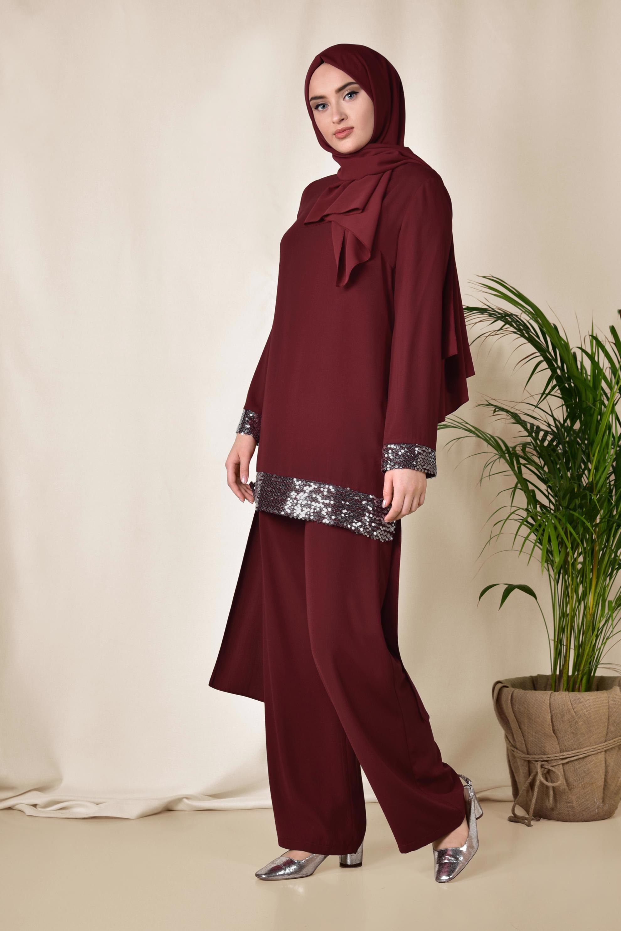 Tesettür giyim BORDO İŞLEMELİ PANTOLON TUNİK TAKIM 3523