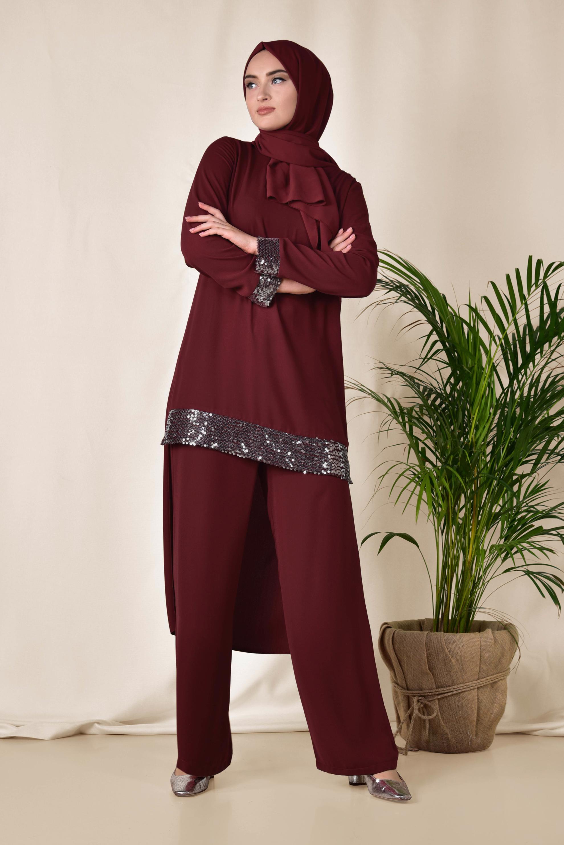 Tesettür giyim BORDO İŞLEMELİ PANTOLON TUNİK TAKIM 3523