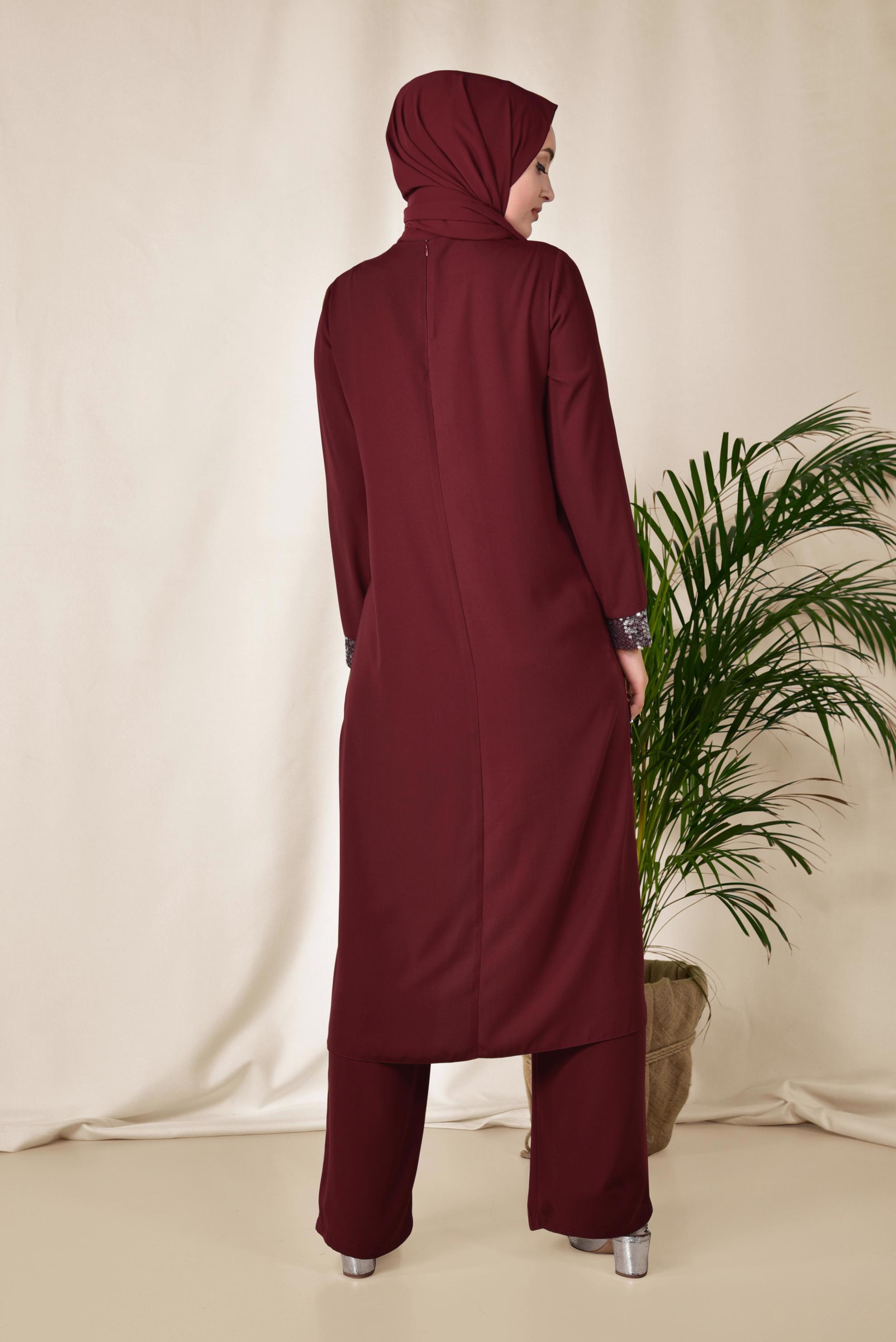 Tesettür giyim BORDO İŞLEMELİ PANTOLON TUNİK TAKIM 3523