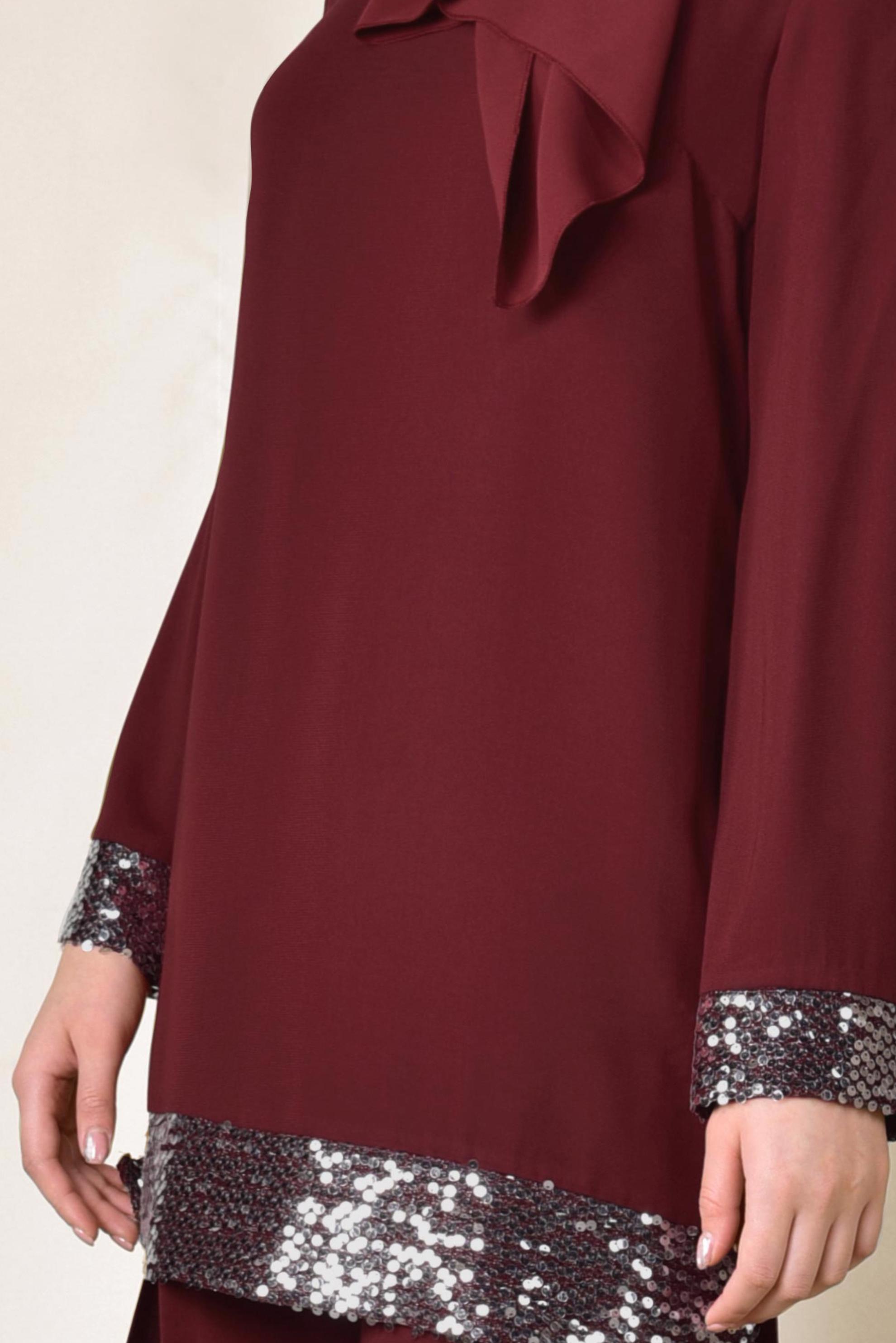 Tesettür giyim BORDO İŞLEMELİ PANTOLON TUNİK TAKIM 3523