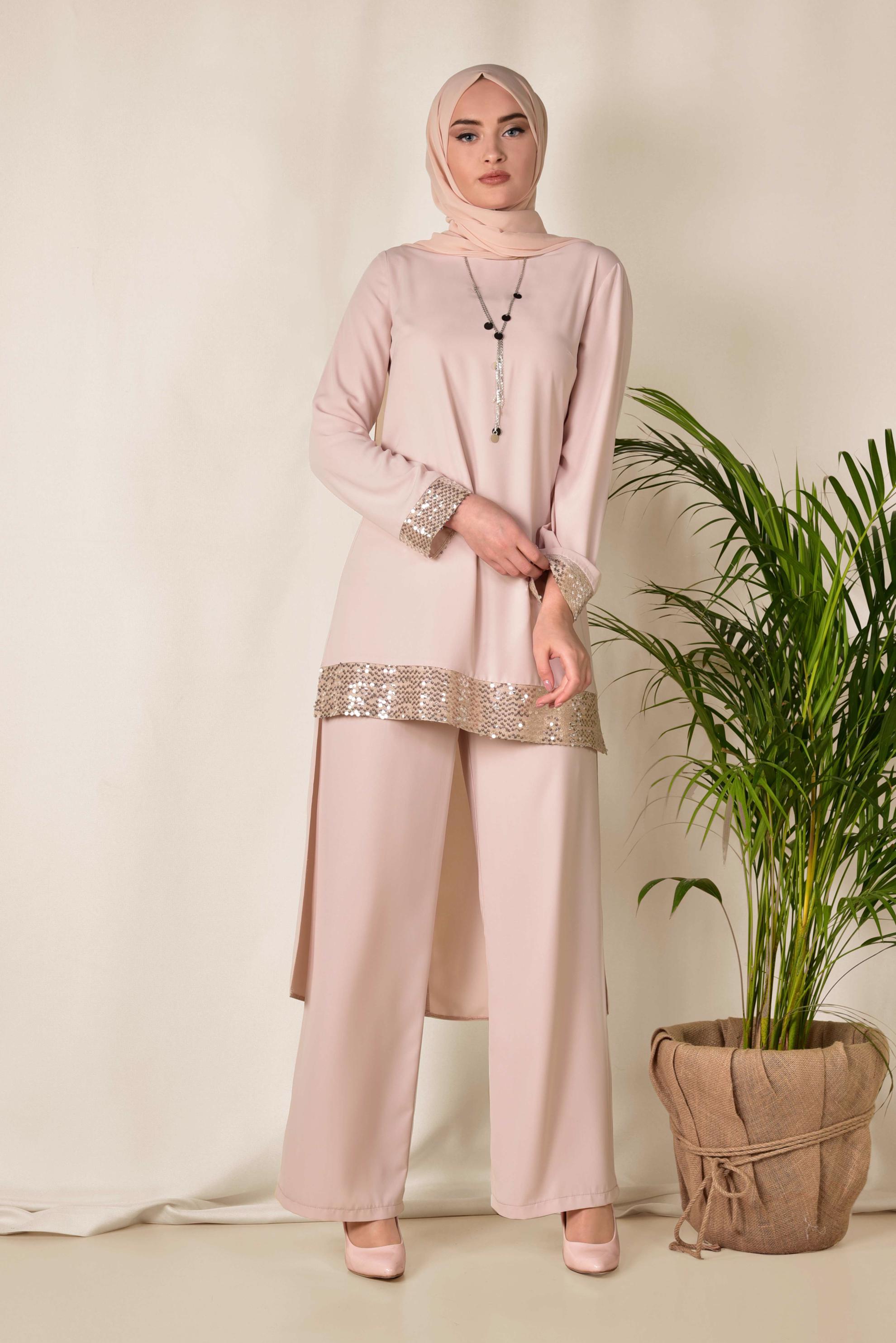 Tesettür giyim PUDRA İŞLEMELİ PANTOLON TUNİK TAKIM 3523