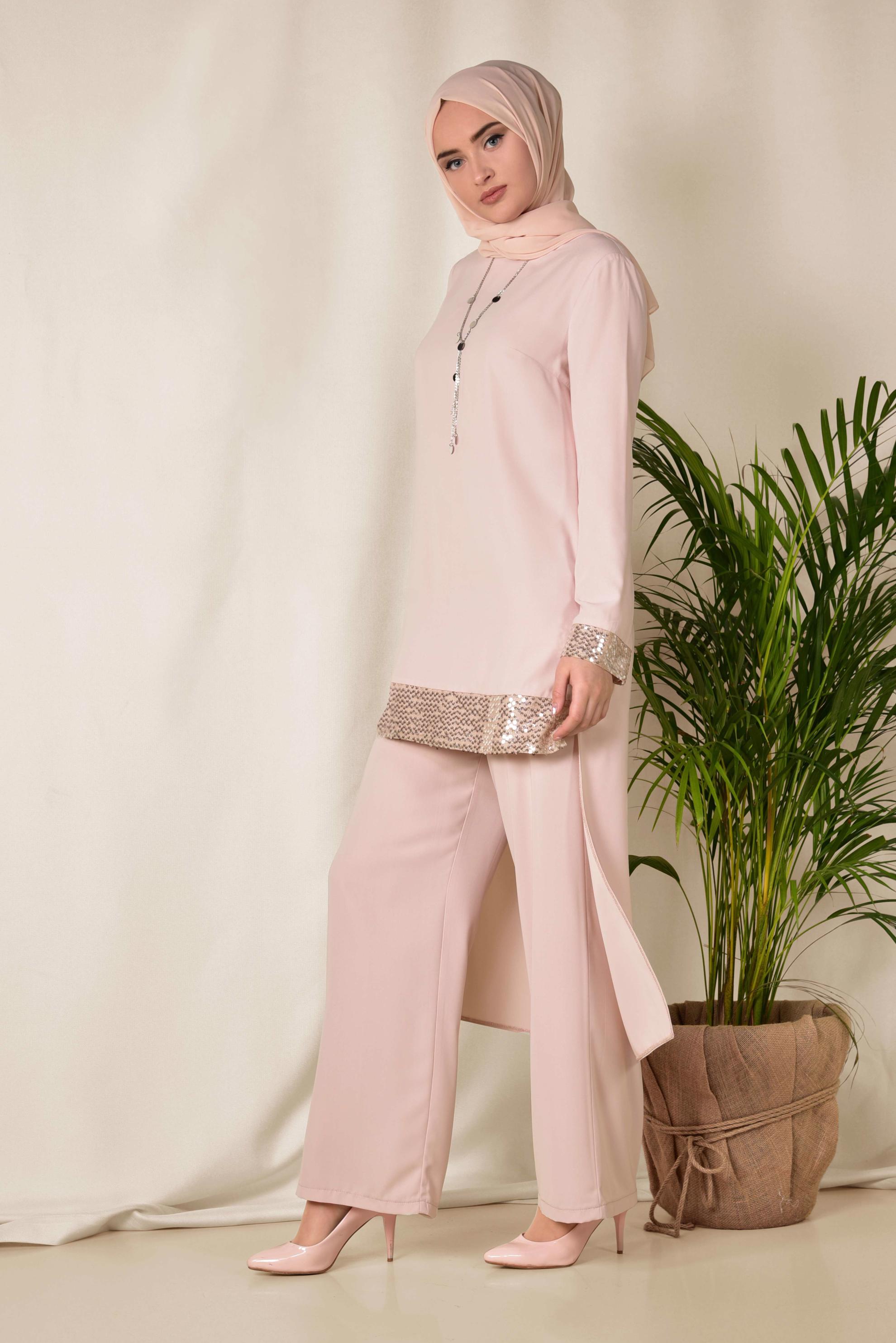 Tesettür giyim PUDRA İŞLEMELİ PANTOLON TUNİK TAKIM 3523