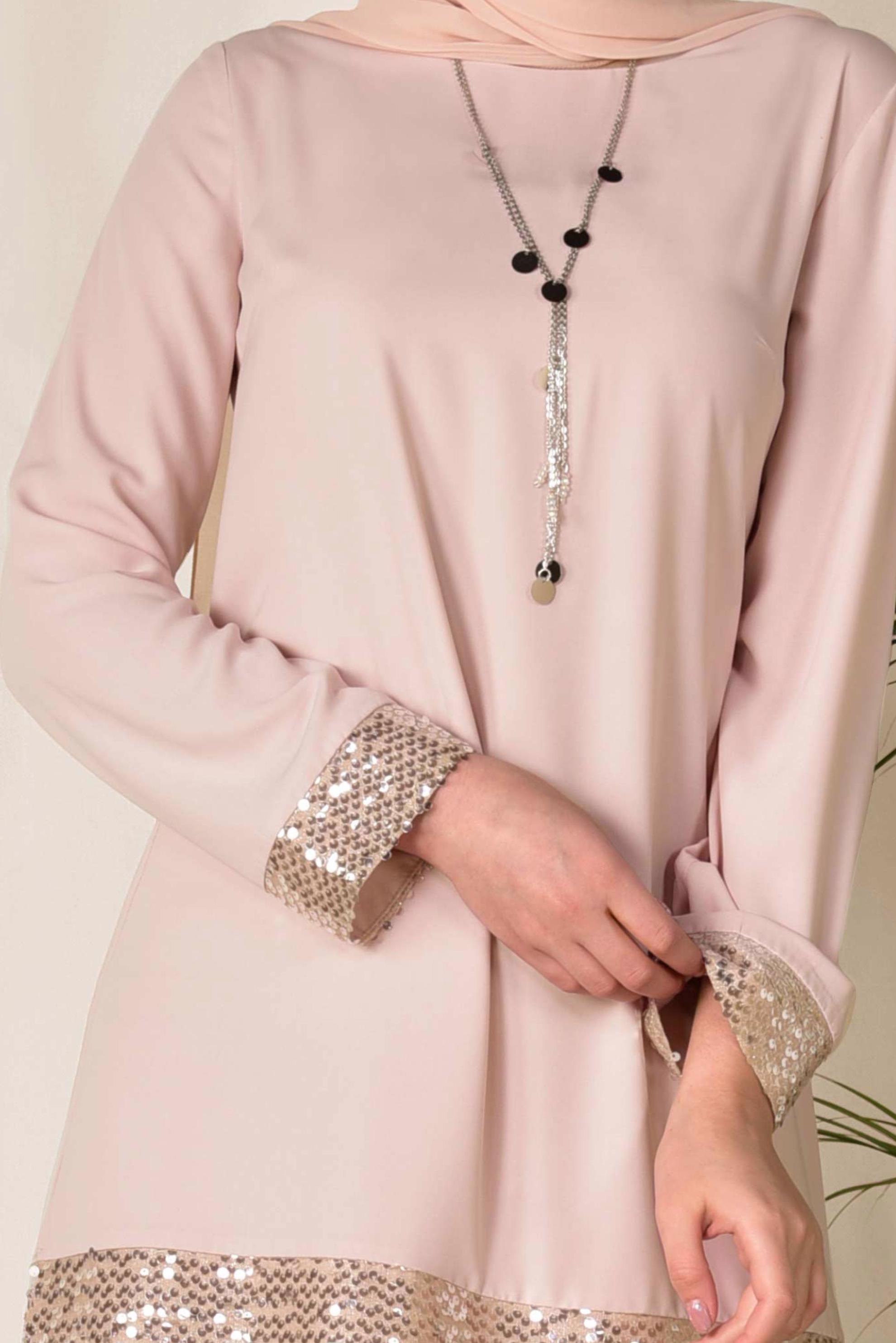 Tesettür giyim PUDRA İŞLEMELİ PANTOLON TUNİK TAKIM 3523