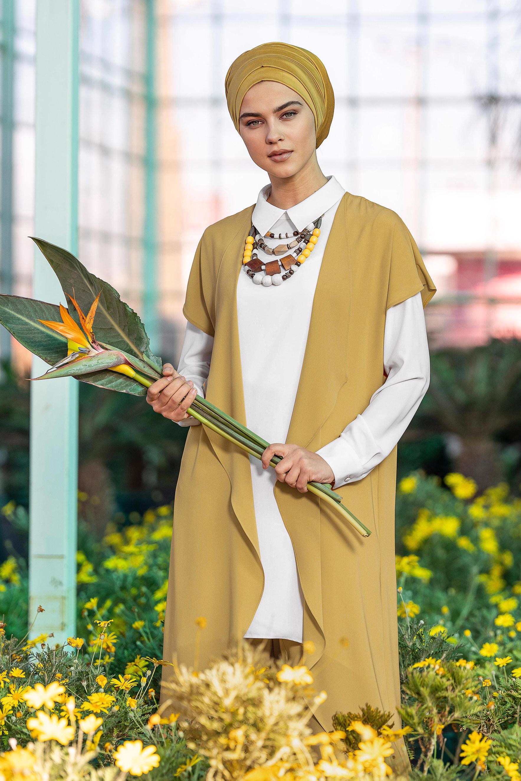 Tesettür giyim SARI ASİMETRİK KESİM ÜÇLÜ PANTOLONLU TAKIM 3526