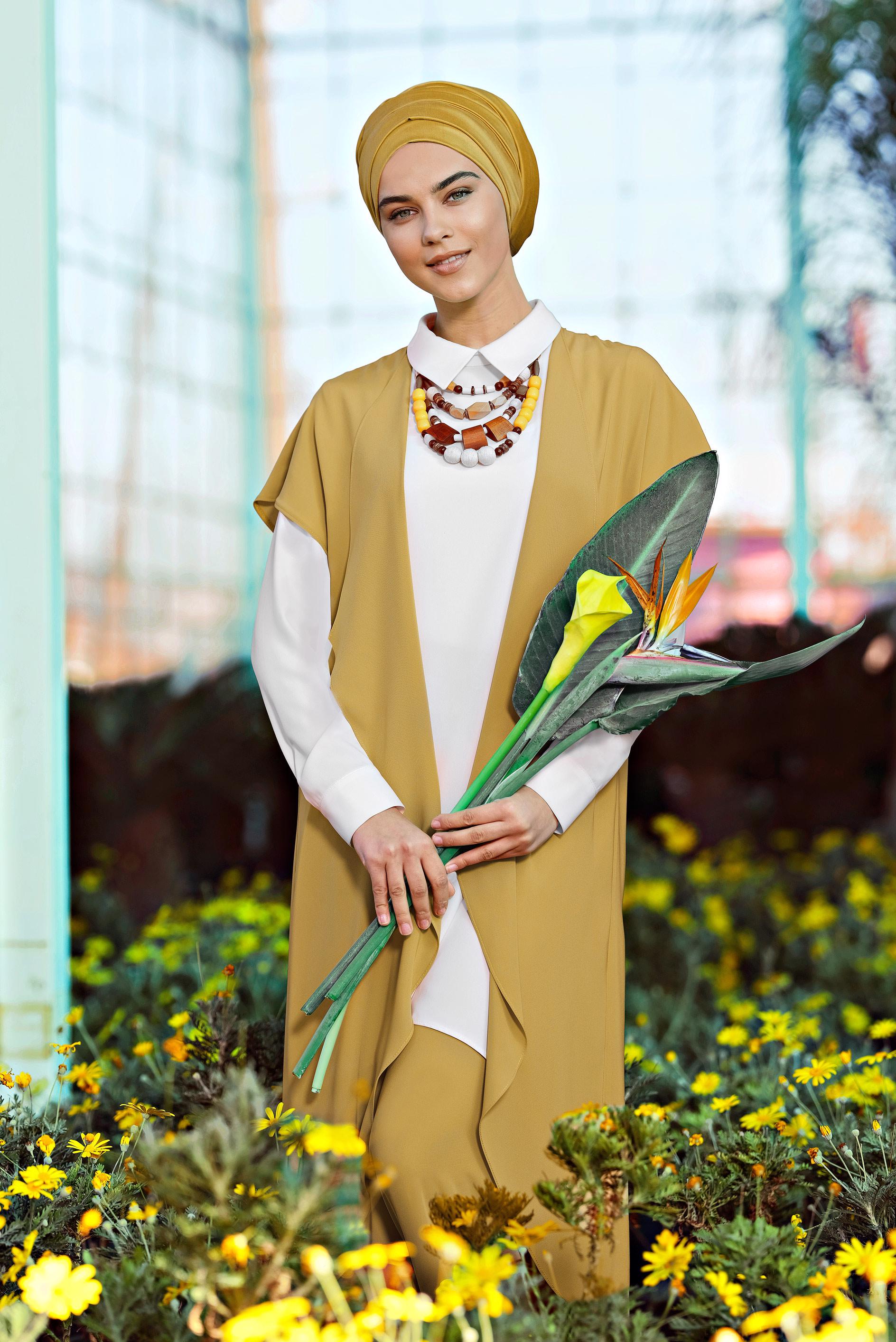 Tesettür giyim SARI ASİMETRİK KESİM ÜÇLÜ PANTOLONLU TAKIM 3526