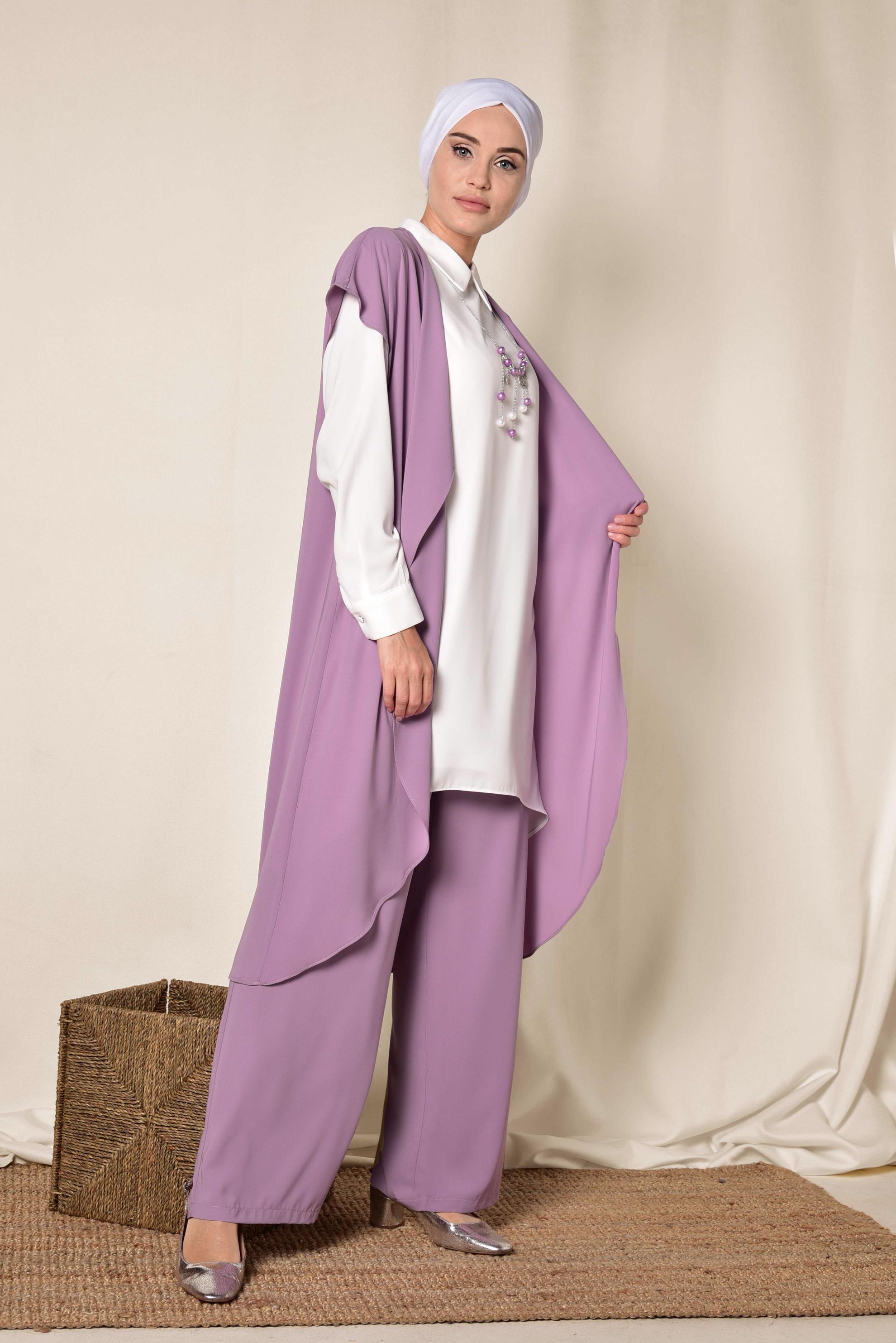 Tesettür giyim MOR ASİMETRİK KESİM ÜÇLÜ PANTOLONLU TAKIM 3526
