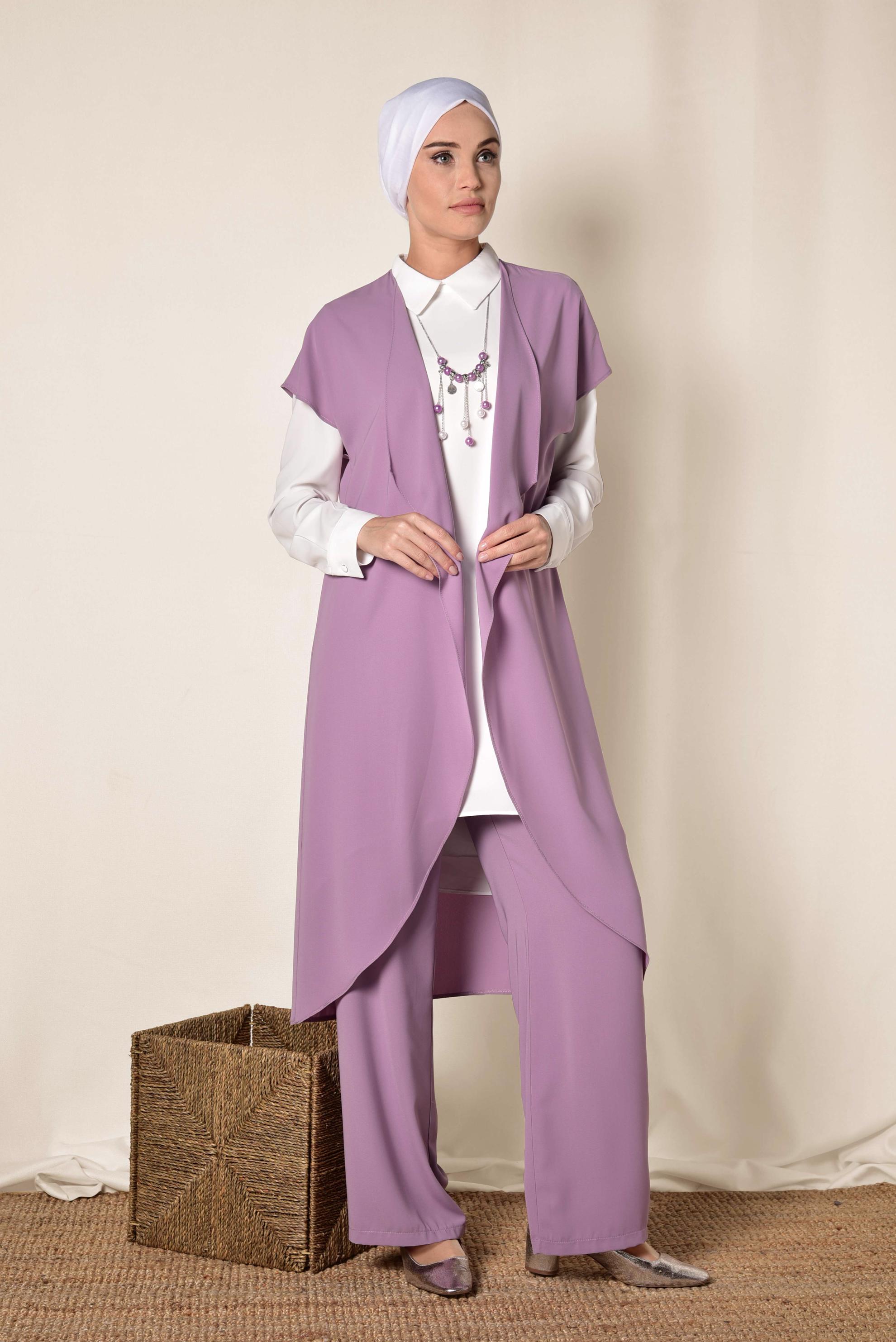 Tesettür giyim MOR ASİMETRİK KESİM ÜÇLÜ PANTOLONLU TAKIM 3526