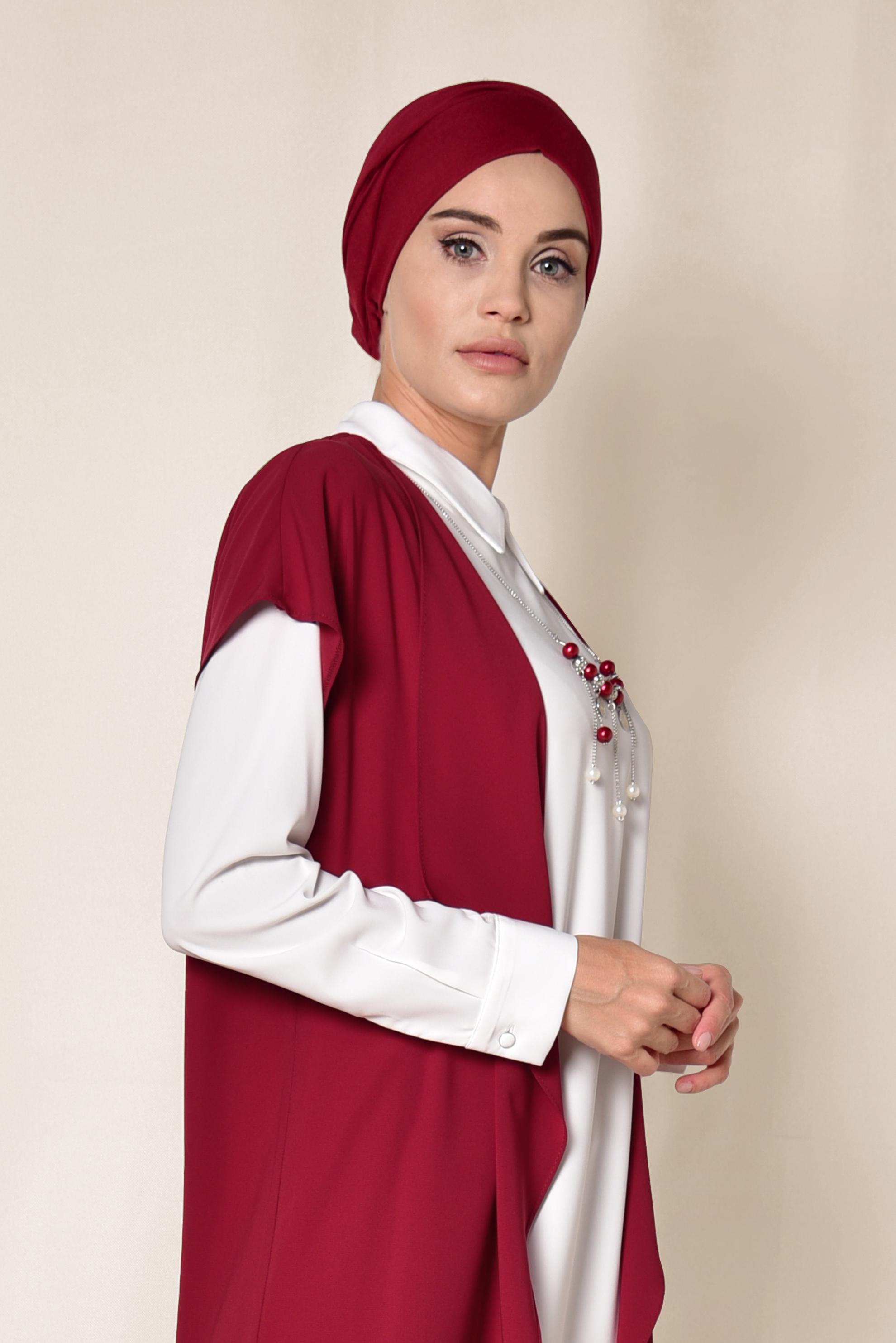 Tesettür giyim BORDO ASİMETRİK KESİM ÜÇLÜ PANTOLONLU TAKIM 3526