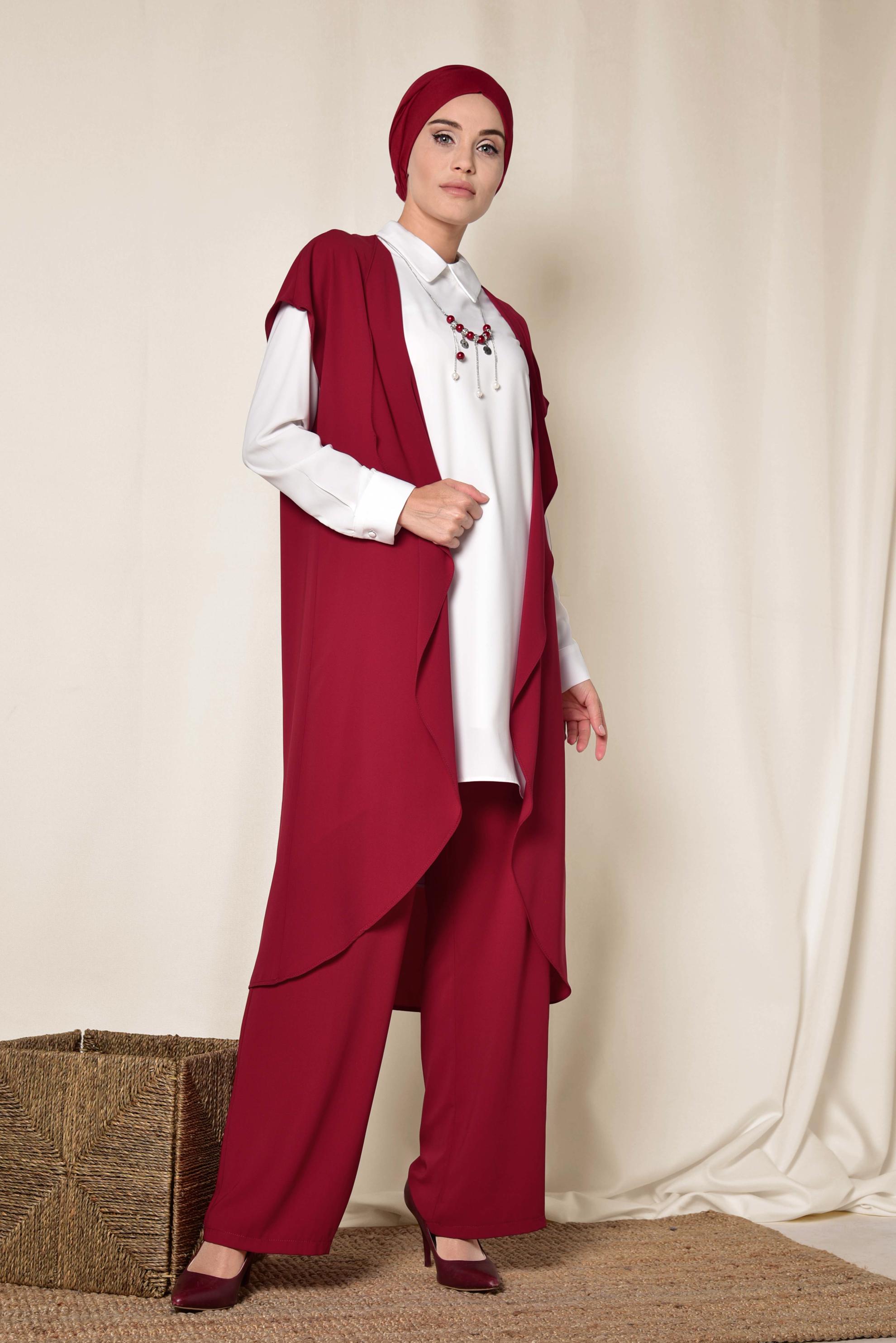 Tesettür giyim BORDO ASİMETRİK KESİM ÜÇLÜ PANTOLONLU TAKIM 3526