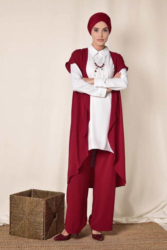 Tesettür giyim BORDO ASİMETRİK KESİM ÜÇLÜ PANTOLONLU TAKIM 3526 - ALVİNA