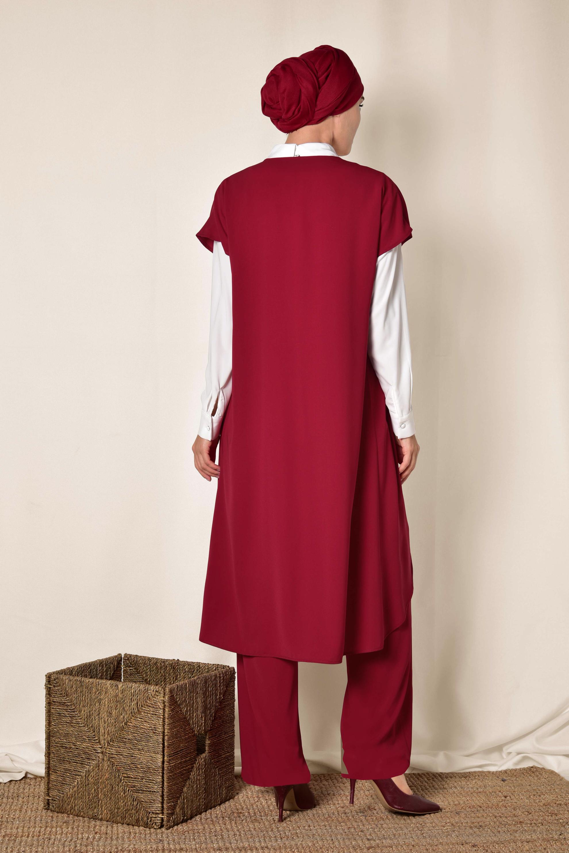 Tesettür giyim BORDO ASİMETRİK KESİM ÜÇLÜ PANTOLONLU TAKIM 3526