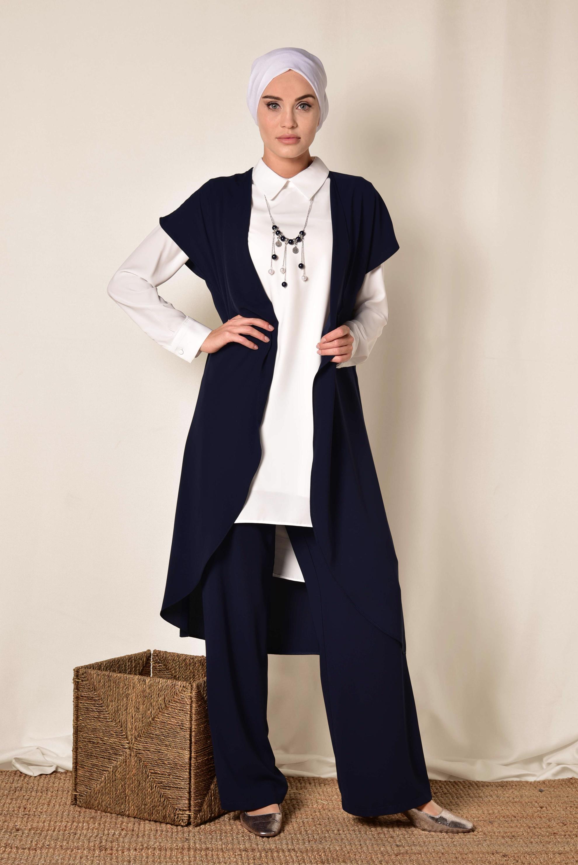 Tesettür giyim LACİVERT ASİMETRİK KESİM ÜÇLÜ PANTOLONLU TAKIM 3526