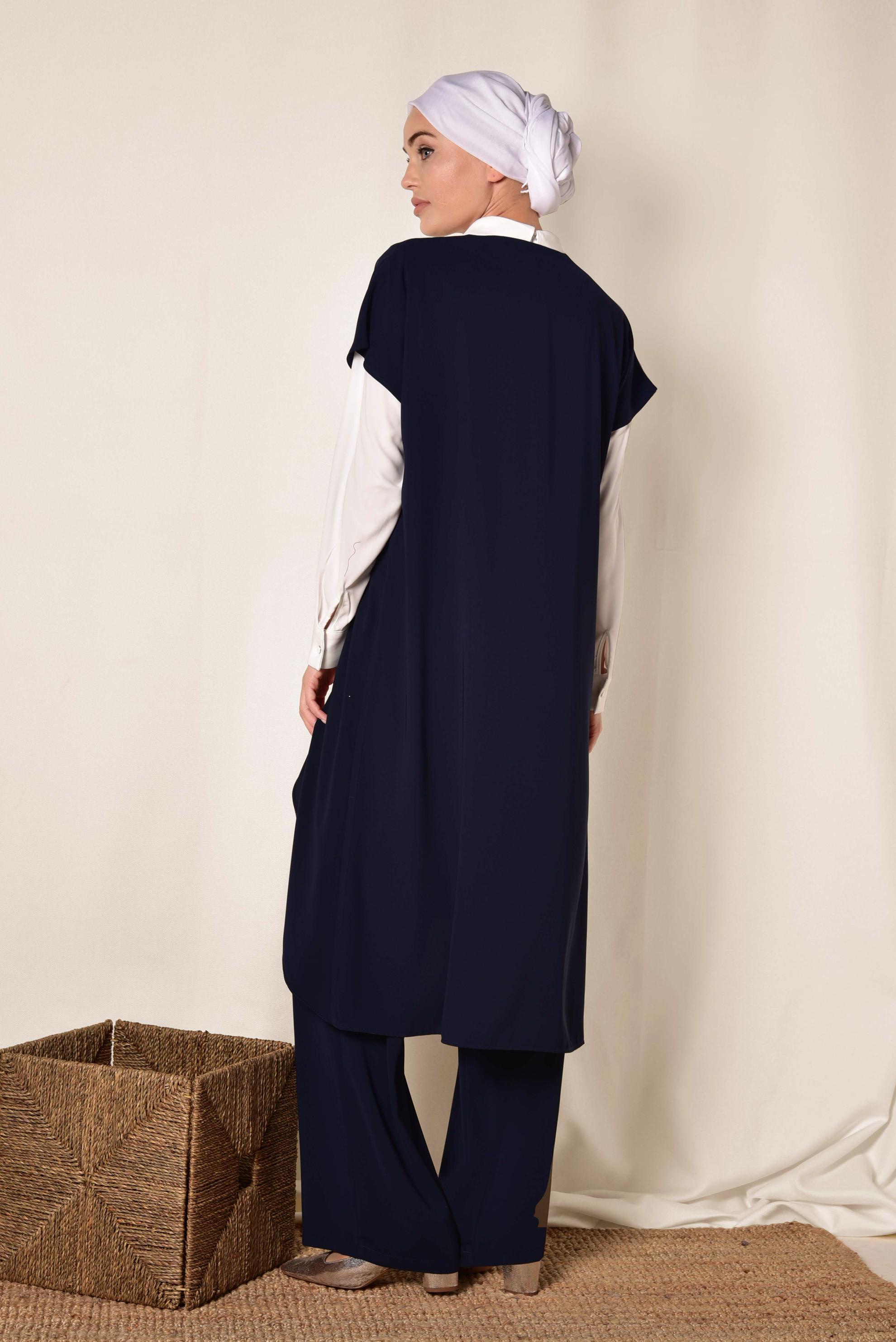 Tesettür giyim LACİVERT ASİMETRİK KESİM ÜÇLÜ PANTOLONLU TAKIM 3526