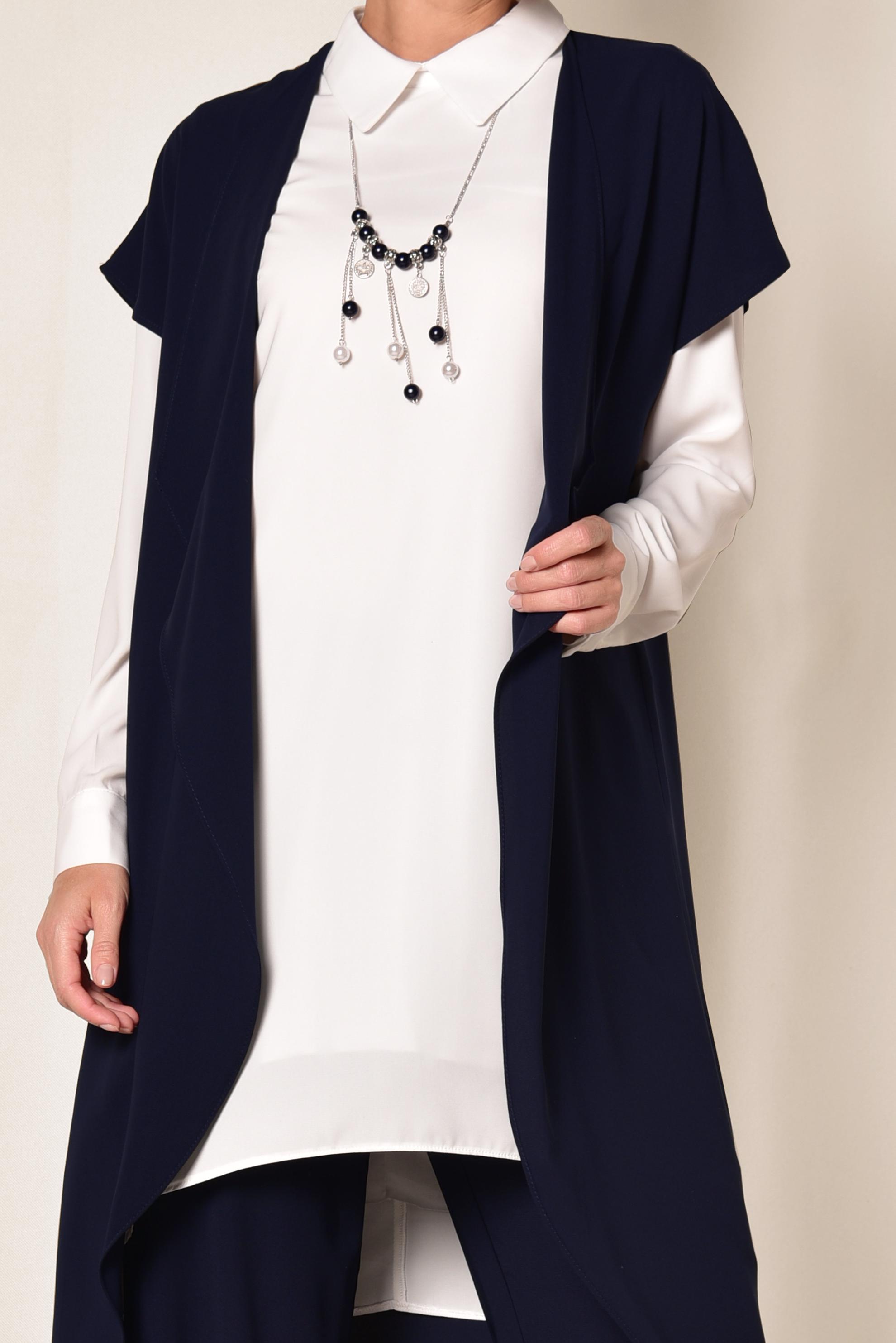 Tesettür giyim LACİVERT ASİMETRİK KESİM ÜÇLÜ PANTOLONLU TAKIM 3526