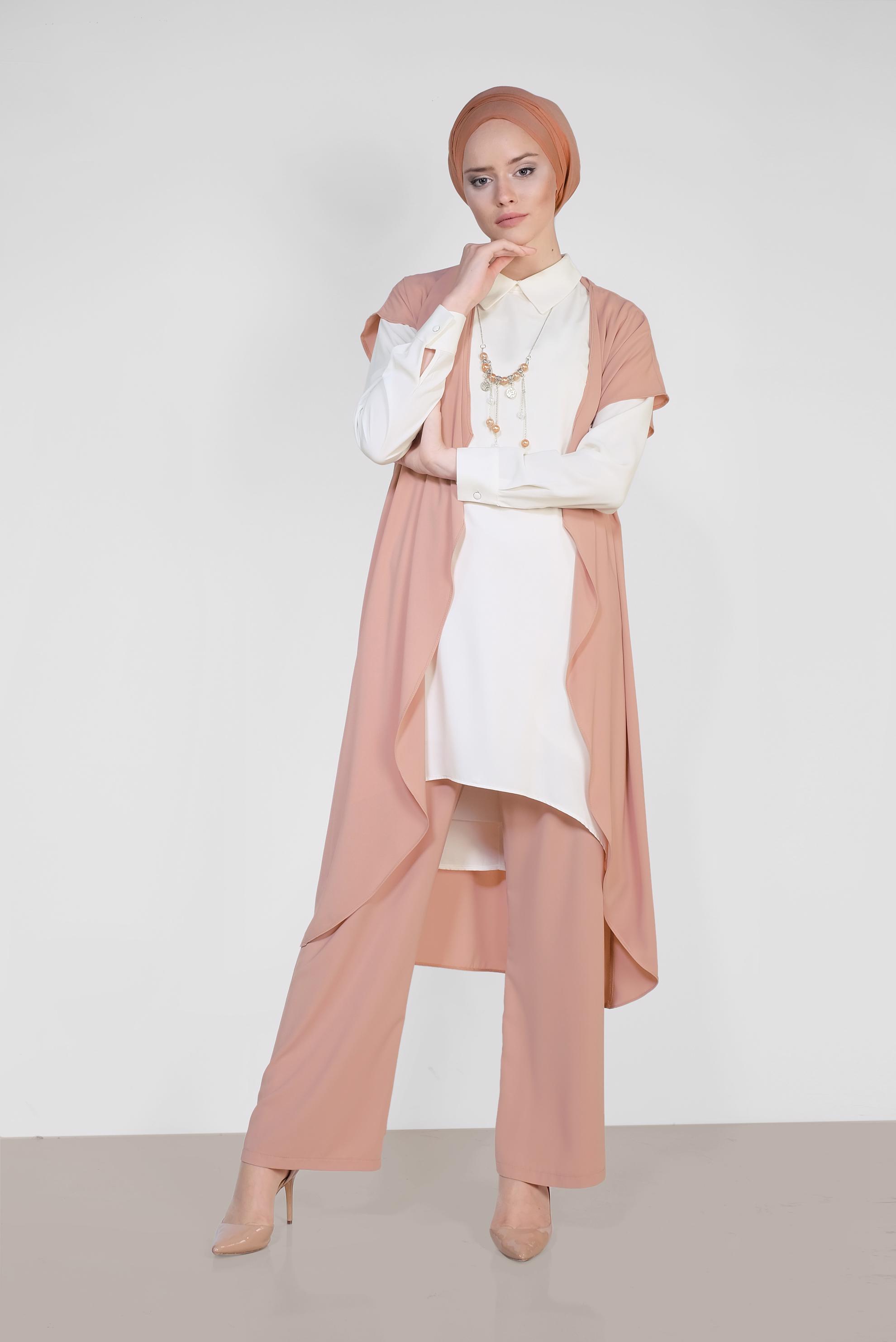 Tesettür giyim KAHVE ASİMETRİK KESİM ÜÇLÜ PANTOLONLU TAKIM 3526