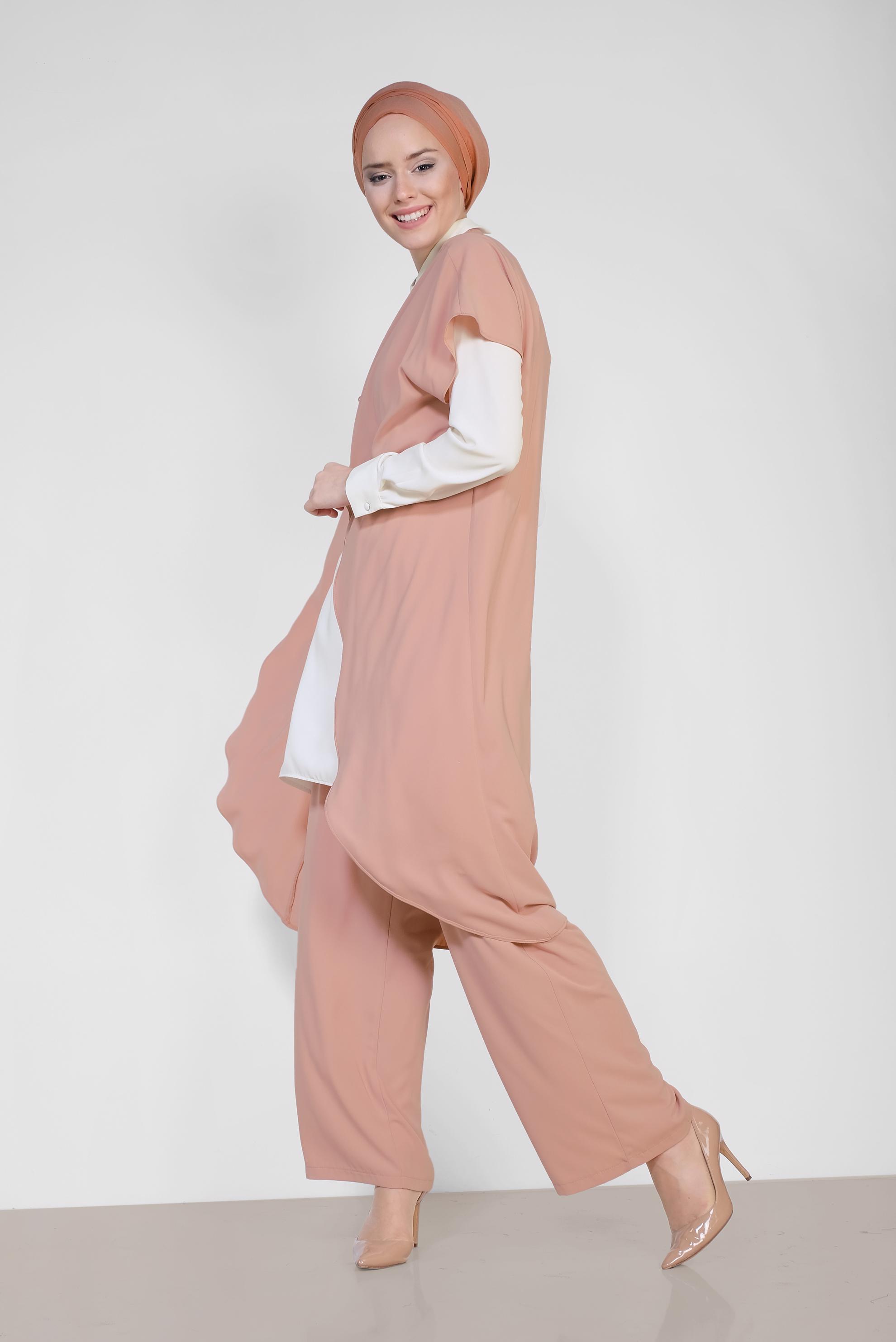 Tesettür giyim KAHVE ASİMETRİK KESİM ÜÇLÜ PANTOLONLU TAKIM 3526