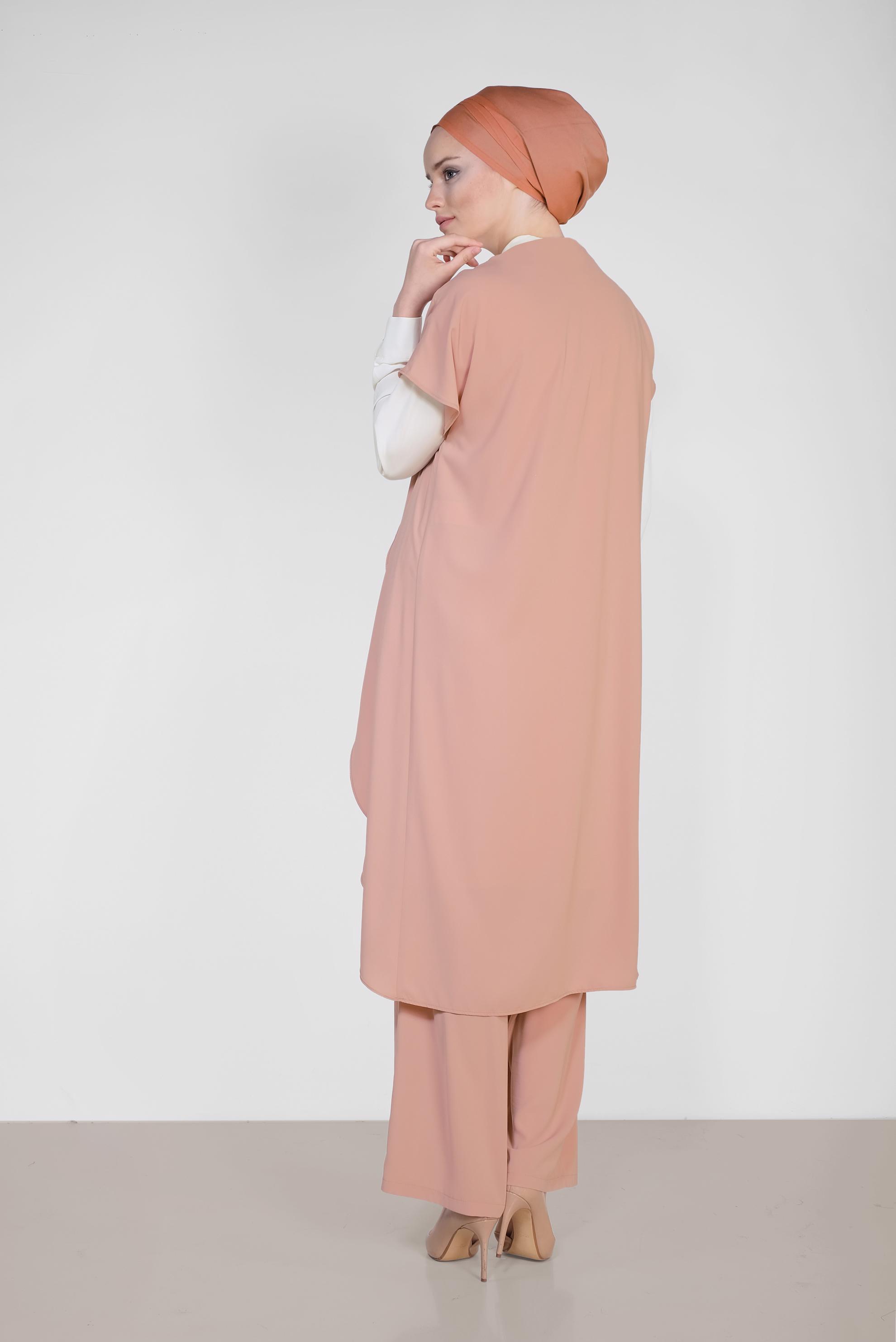 Tesettür giyim KAHVE ASİMETRİK KESİM ÜÇLÜ PANTOLONLU TAKIM 3526