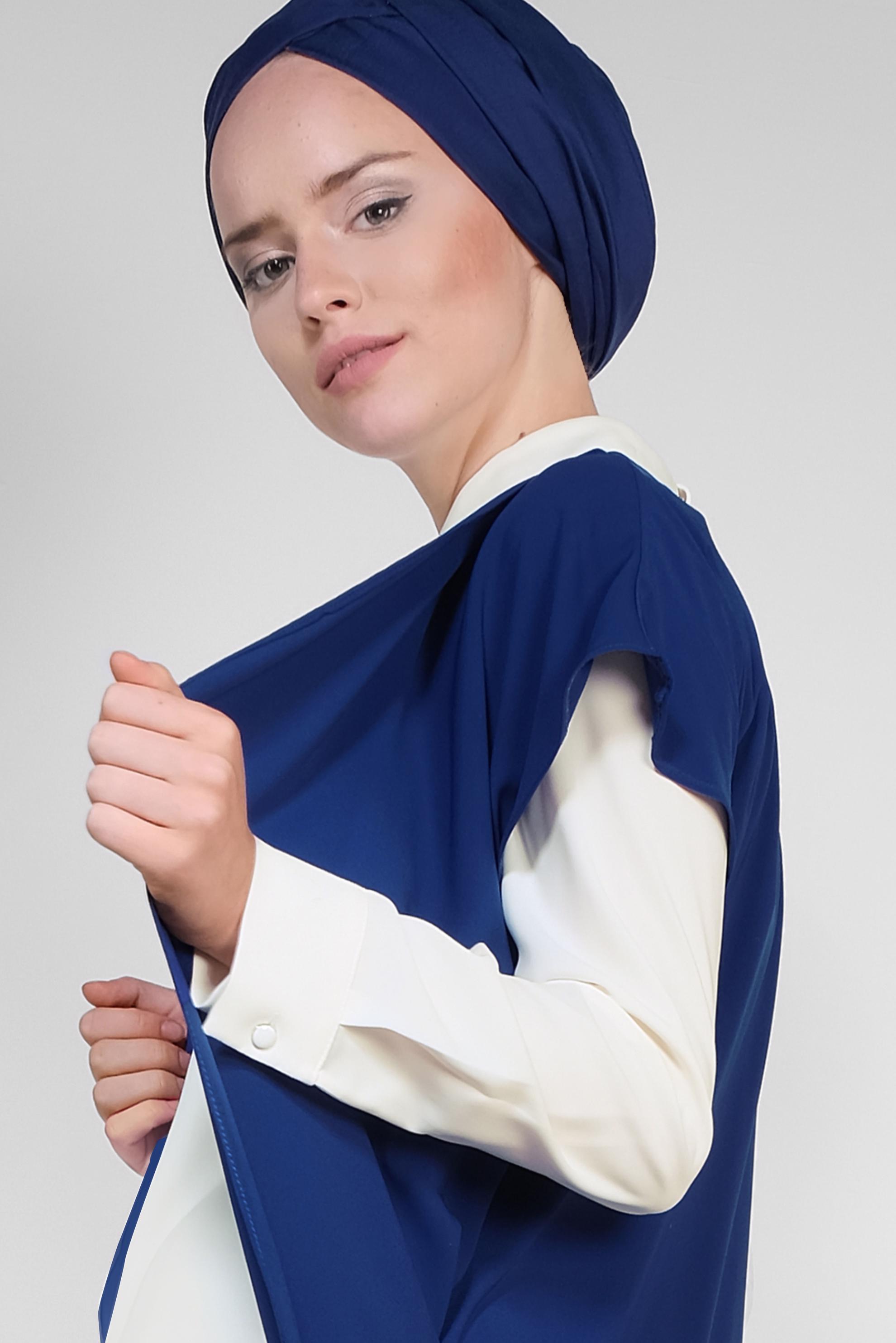 Tesettür giyim MAVİ ASİMETRİK KESİM ÜÇLÜ PANTOLONLU TAKIM 3526