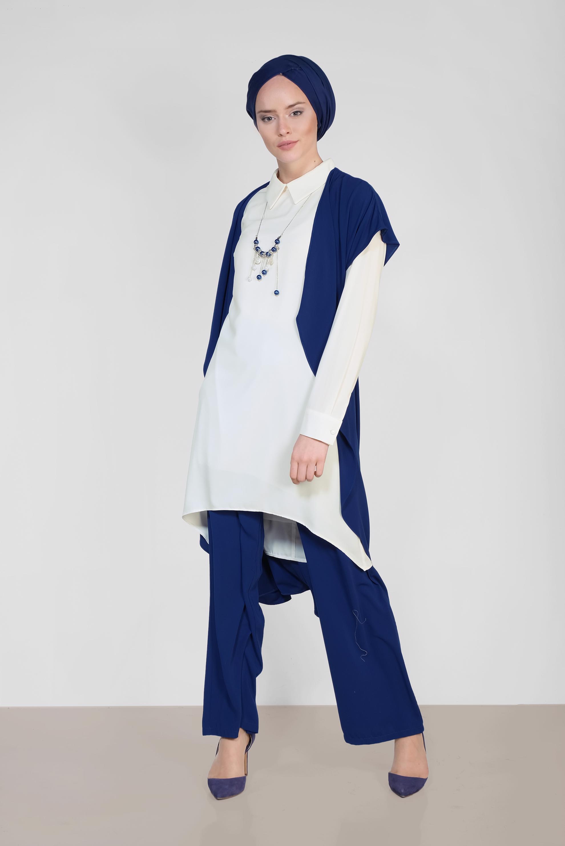 Tesettür giyim MAVİ ASİMETRİK KESİM ÜÇLÜ PANTOLONLU TAKIM 3526