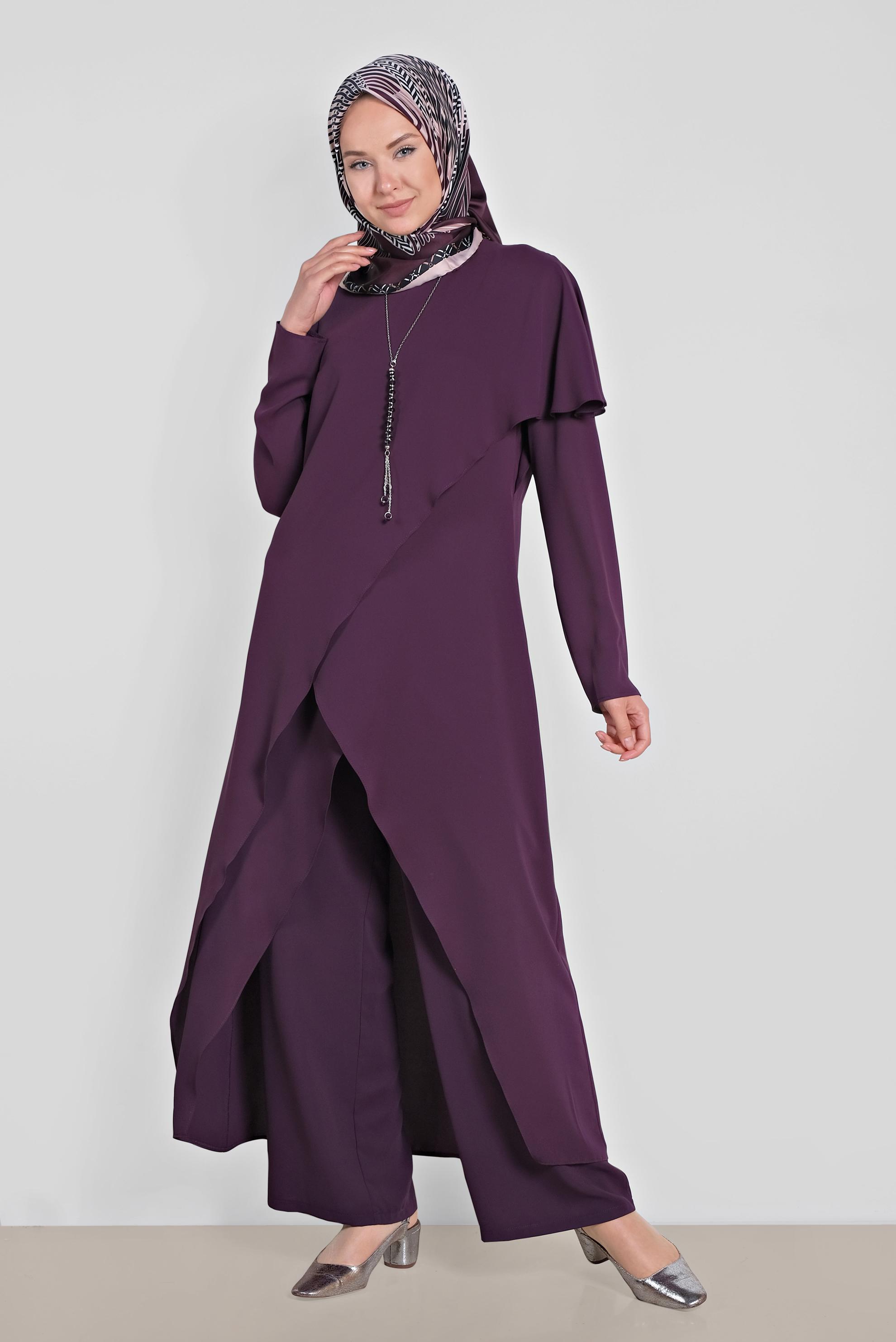 Tesettür giyim MOR ASİMETRİK KESİM VOLANLI İKİLİ PANTOLONLU TAKIM 3527
