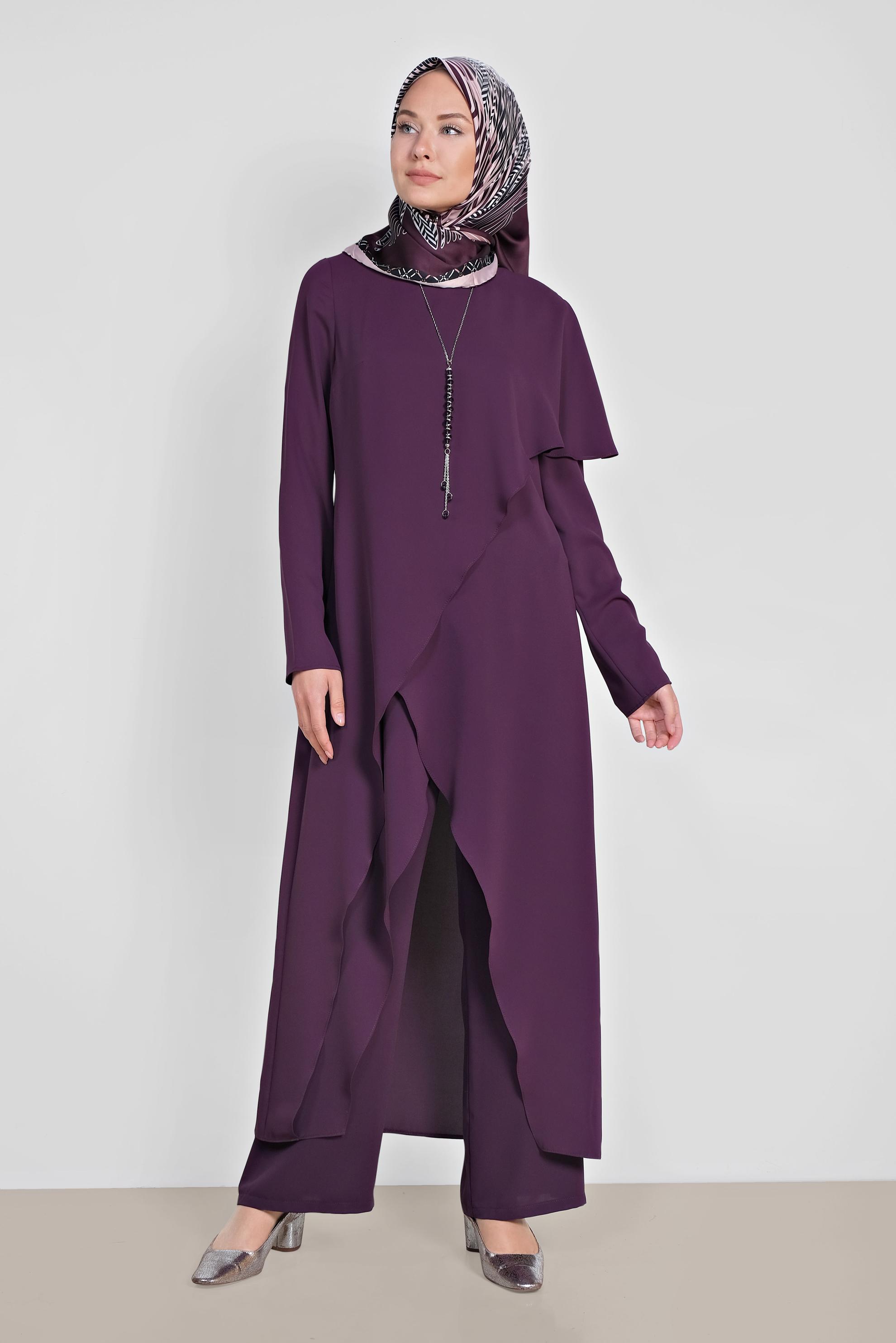 Tesettür giyim MOR ASİMETRİK KESİM VOLANLI İKİLİ PANTOLONLU TAKIM 3527