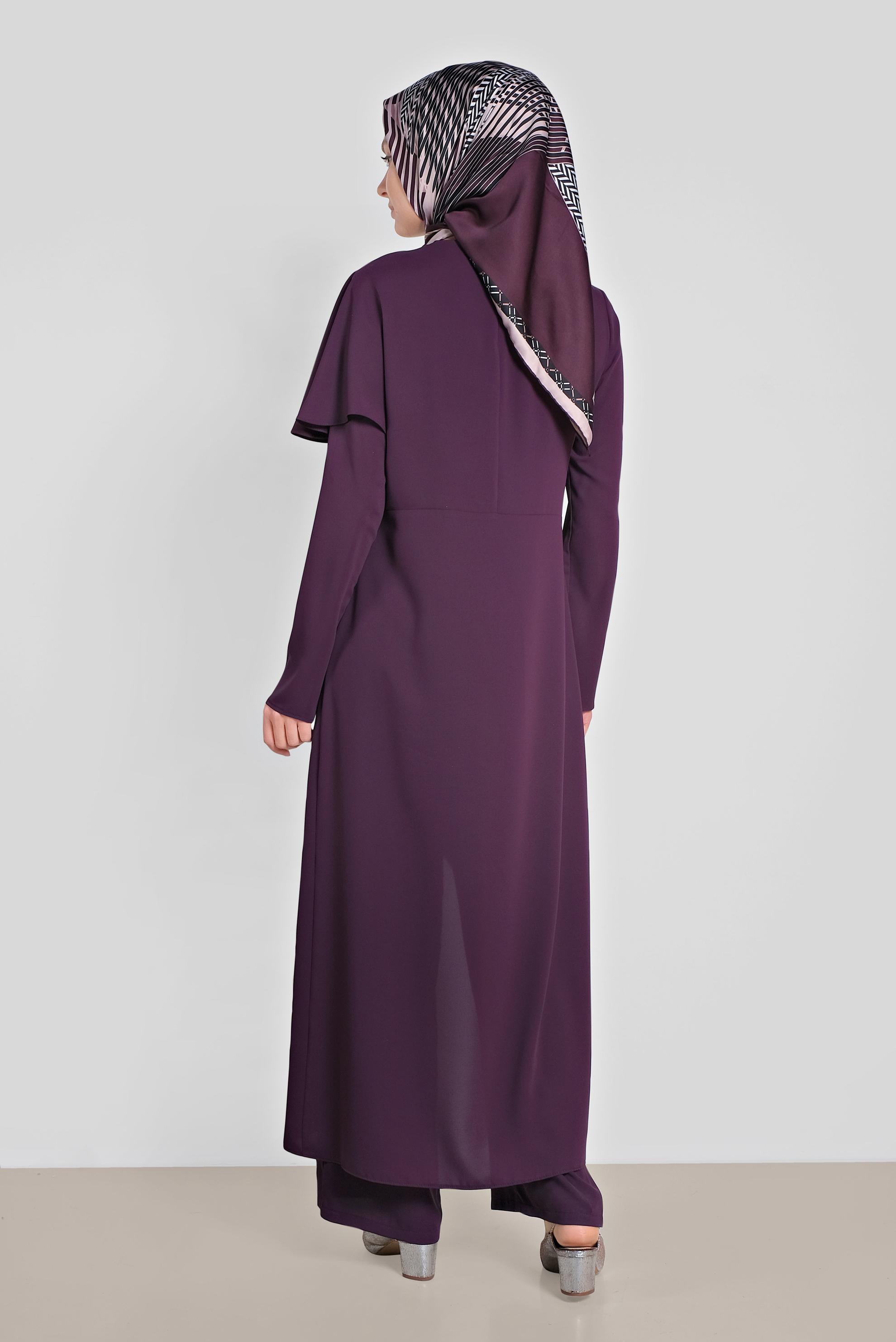 Tesettür giyim MOR ASİMETRİK KESİM VOLANLI İKİLİ PANTOLONLU TAKIM 3527