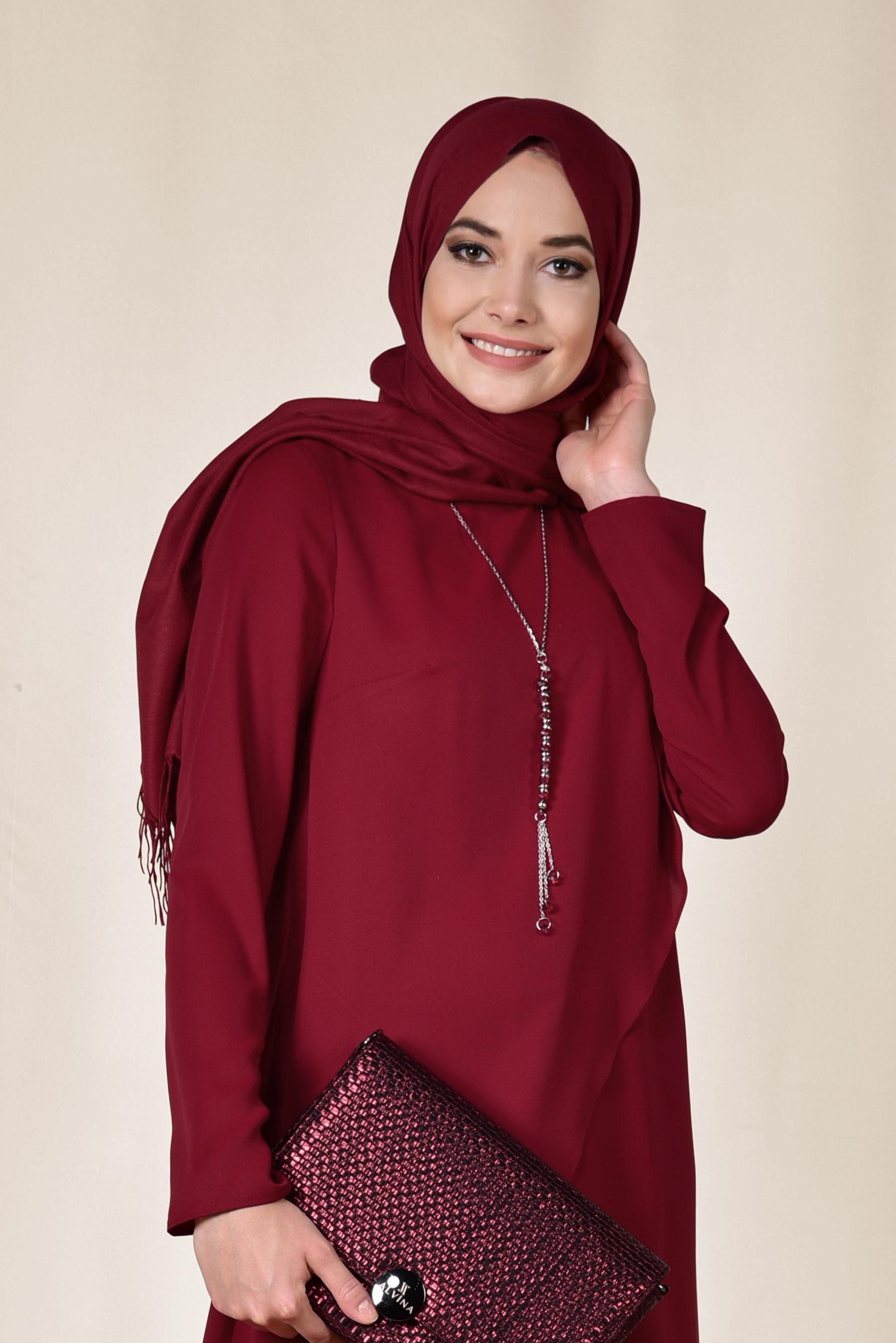 Tesettür giyim BORDO ASİMETRİK KESİM VOLANLI İKİLİ PANTOLONLU TAKIM 3527