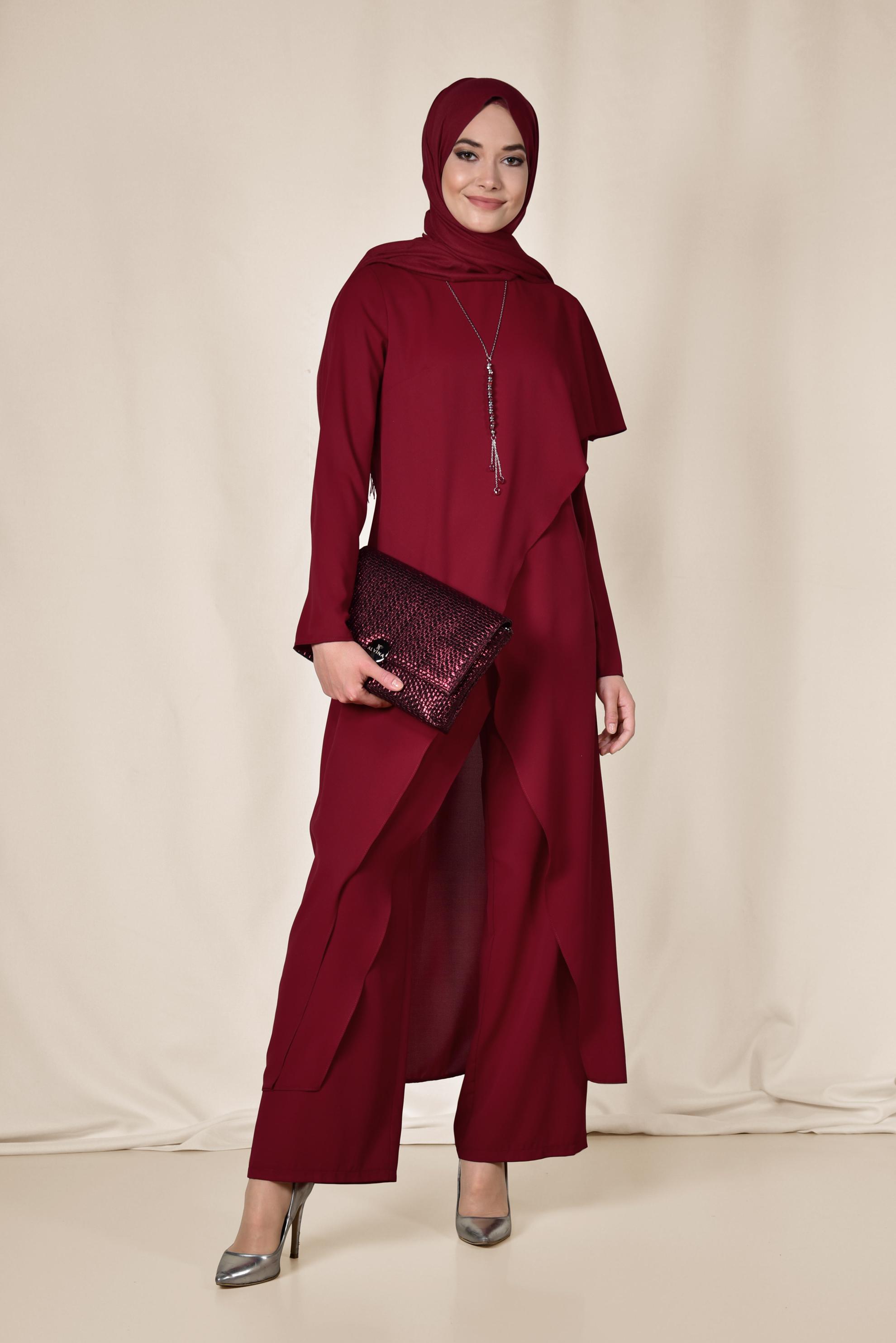 Tesettür giyim BORDO ASİMETRİK KESİM VOLANLI İKİLİ PANTOLONLU TAKIM 3527