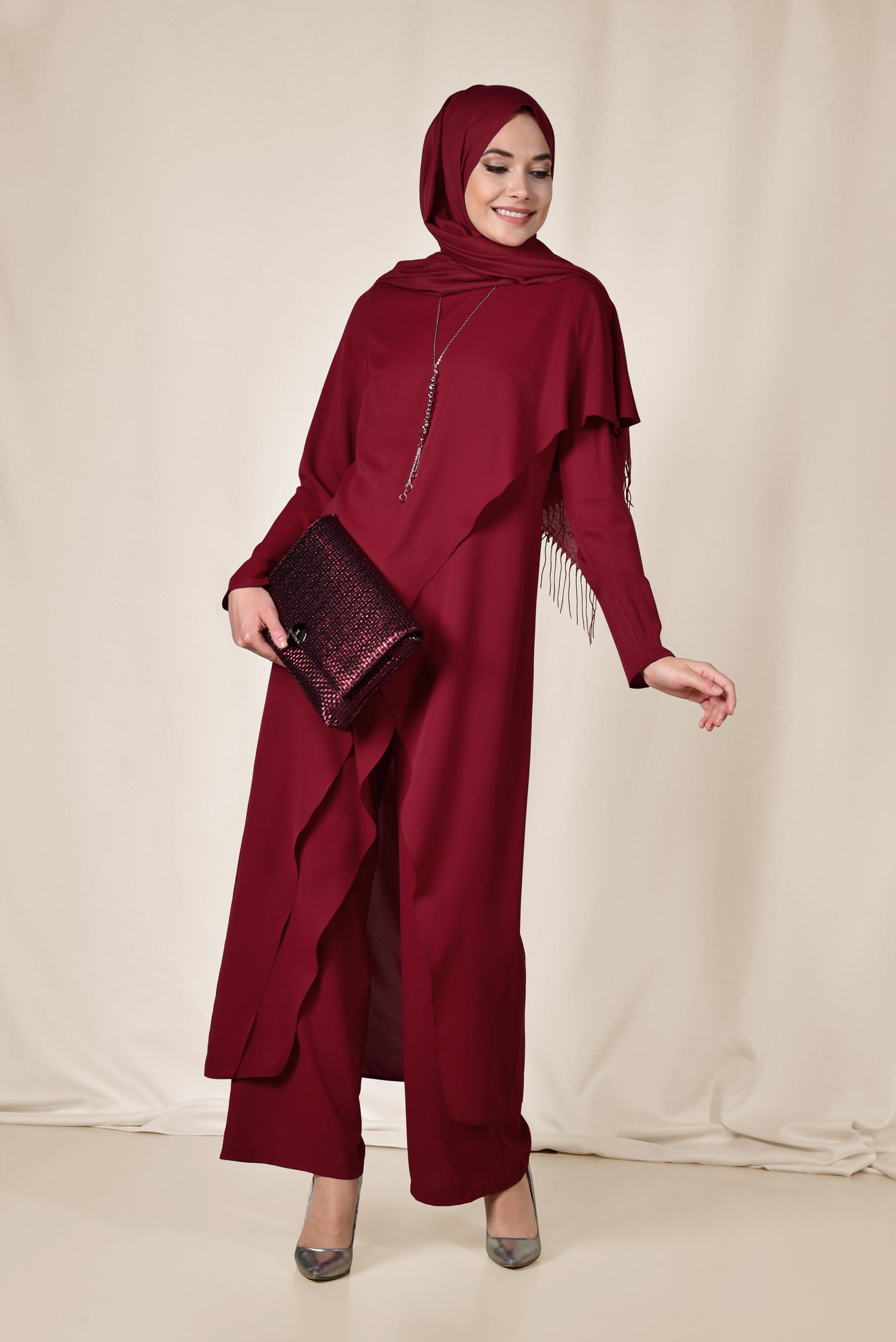 Tesettür giyim BORDO ASİMETRİK KESİM VOLANLI İKİLİ PANTOLONLU TAKIM 3527