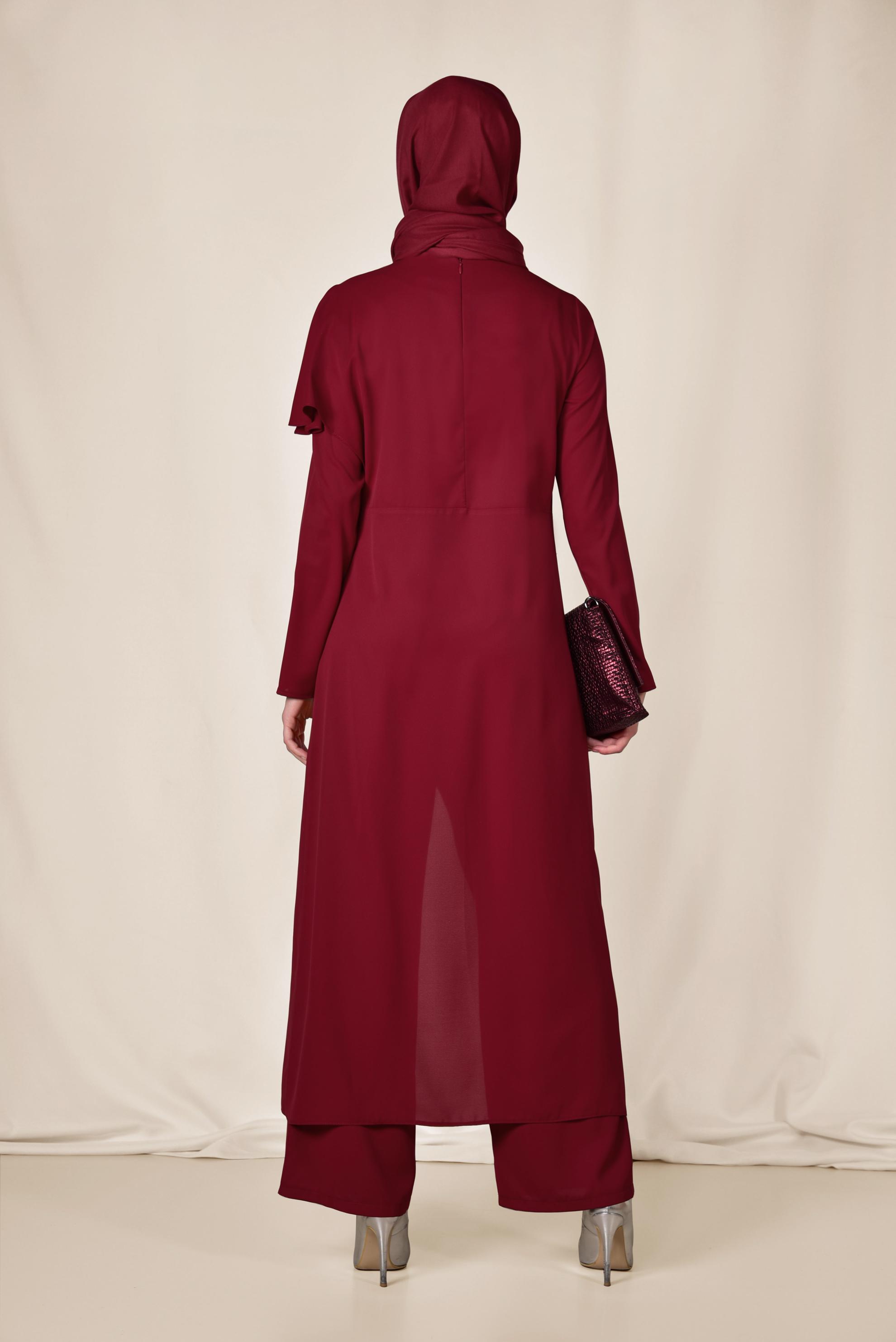 Tesettür giyim BORDO ASİMETRİK KESİM VOLANLI İKİLİ PANTOLONLU TAKIM 3527