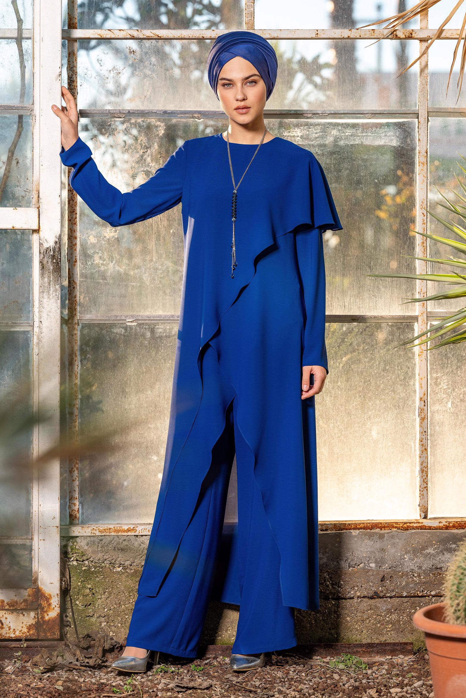 Tesettür giyim LACİVERT ASİMETRİK KESİM VOLANLI İKİLİ PANTOLONLU TAKIM 3527