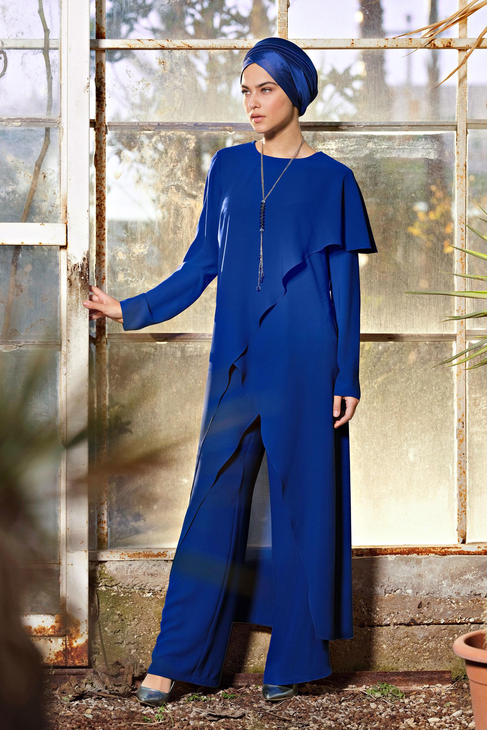 Tesettür giyim LACİVERT ASİMETRİK KESİM VOLANLI İKİLİ PANTOLONLU TAKIM 3527