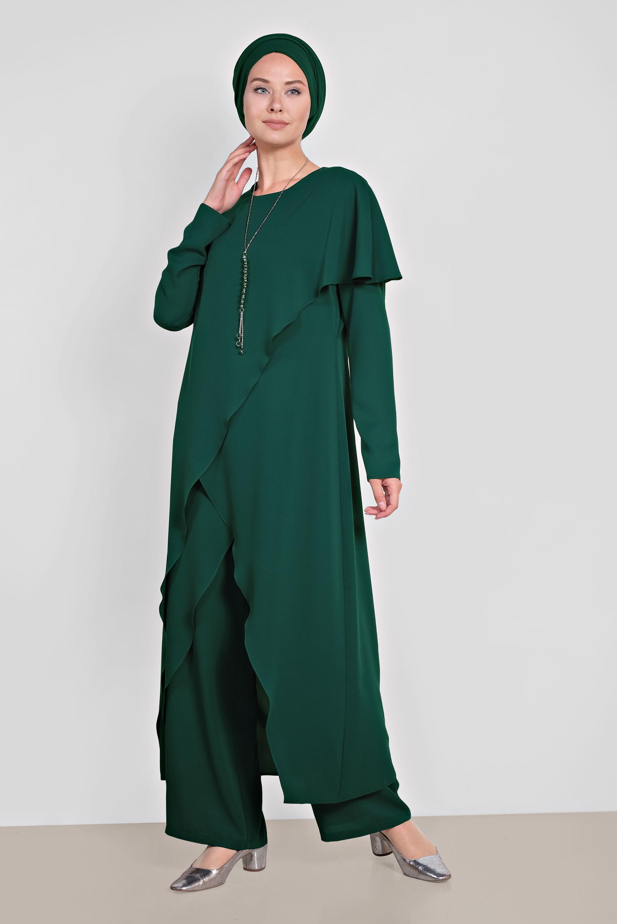 Tesettür giyim YEŞİL ASİMETRİK KESİM VOLANLI İKİLİ PANTOLONLU TAKIM 3527