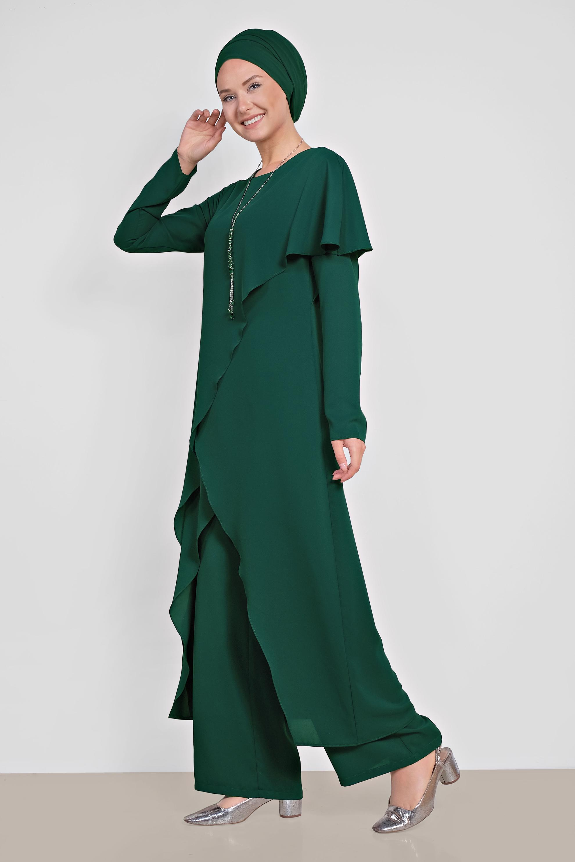 Tesettür giyim YEŞİL ASİMETRİK KESİM VOLANLI İKİLİ PANTOLONLU TAKIM 3527